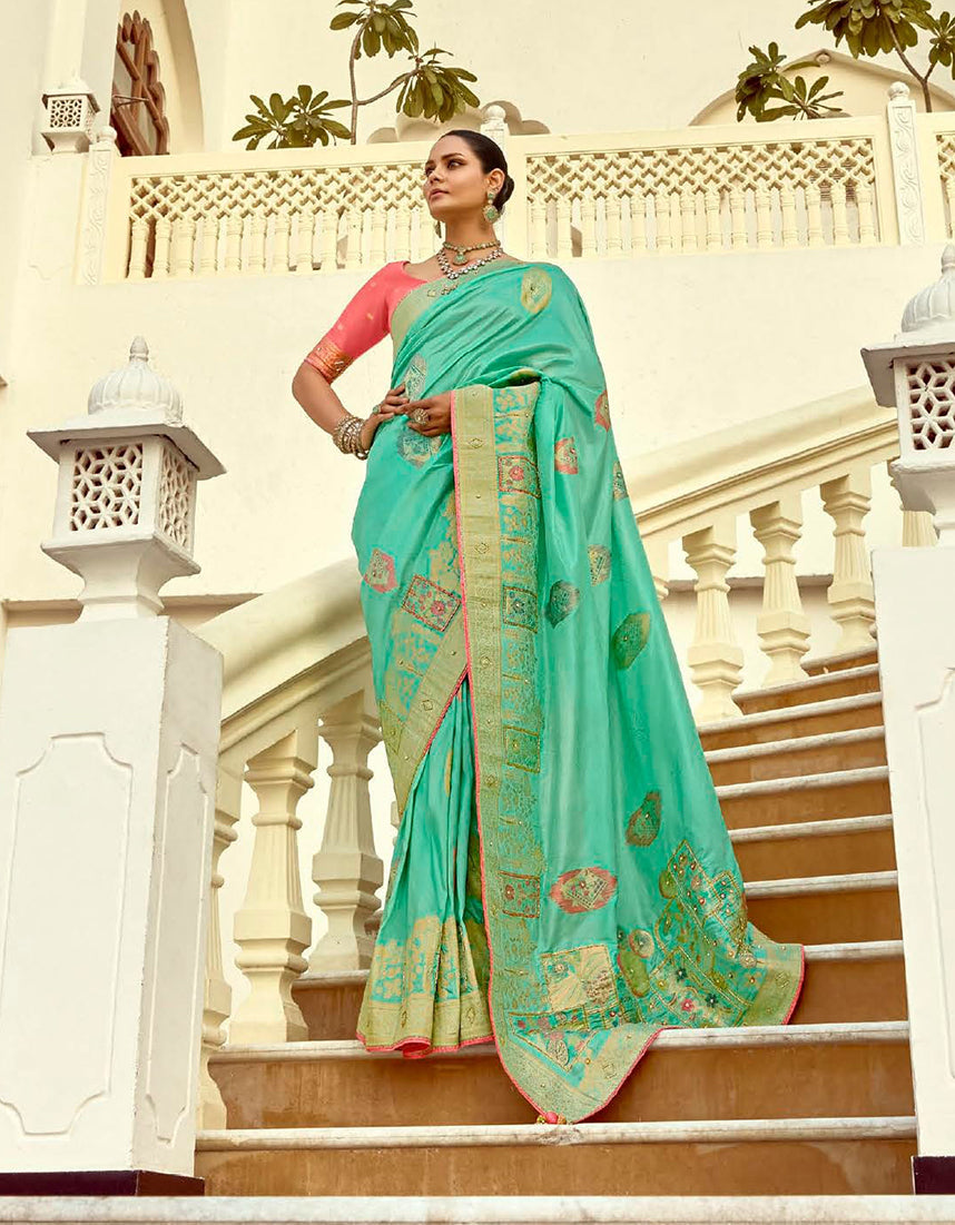 Turquoise Silk Saree with Rich Zari Weaving & Contrast Blouse