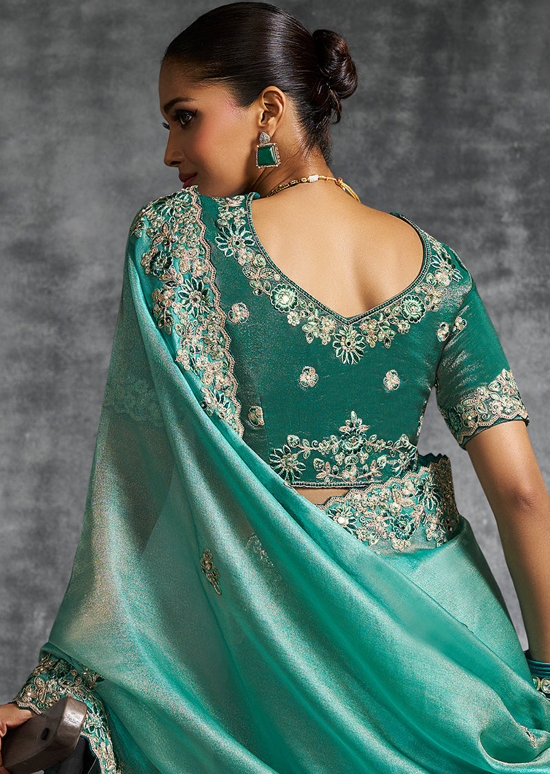 Turquoise Tissue Traditional Saree with Embroidered, Resham and Thread Work for Ceremonial