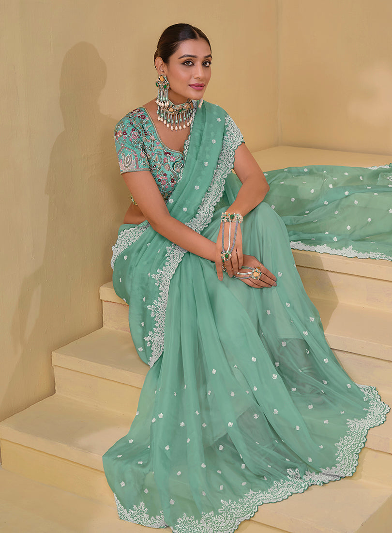 Turquoise Tuscany Soft Organza Silk Sequins Work Saree