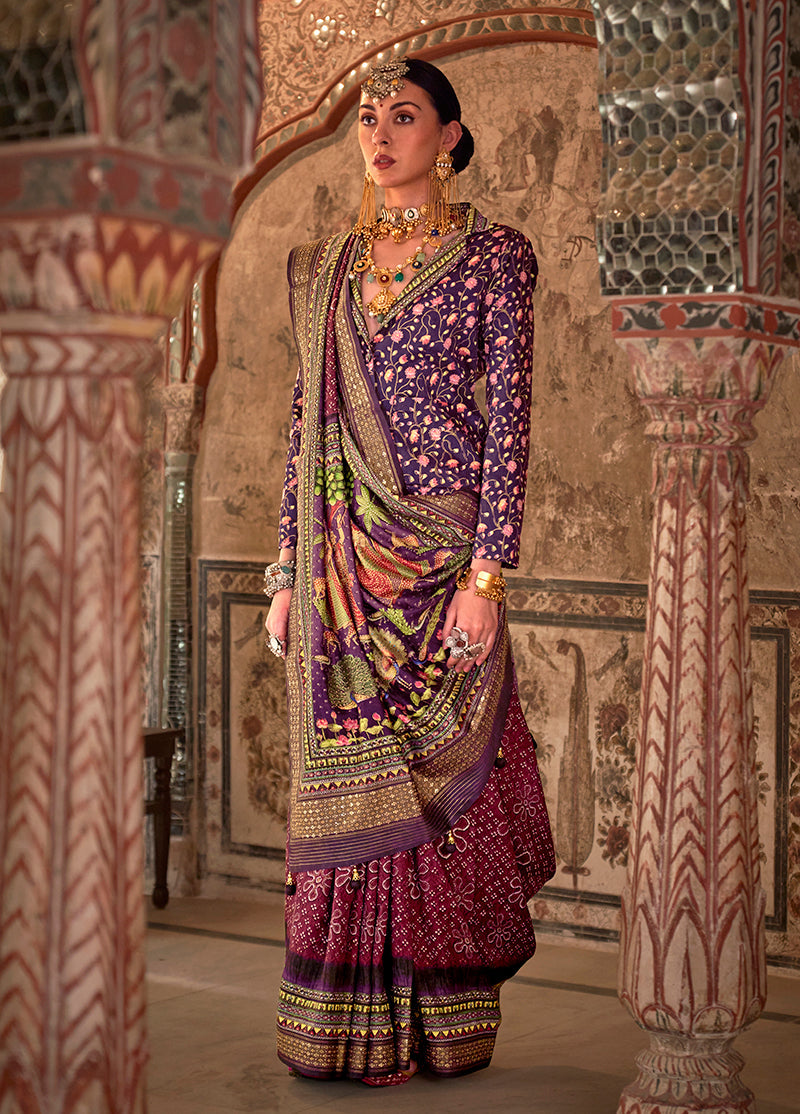 Magenta Viscose Silk Printed Traditional Saree