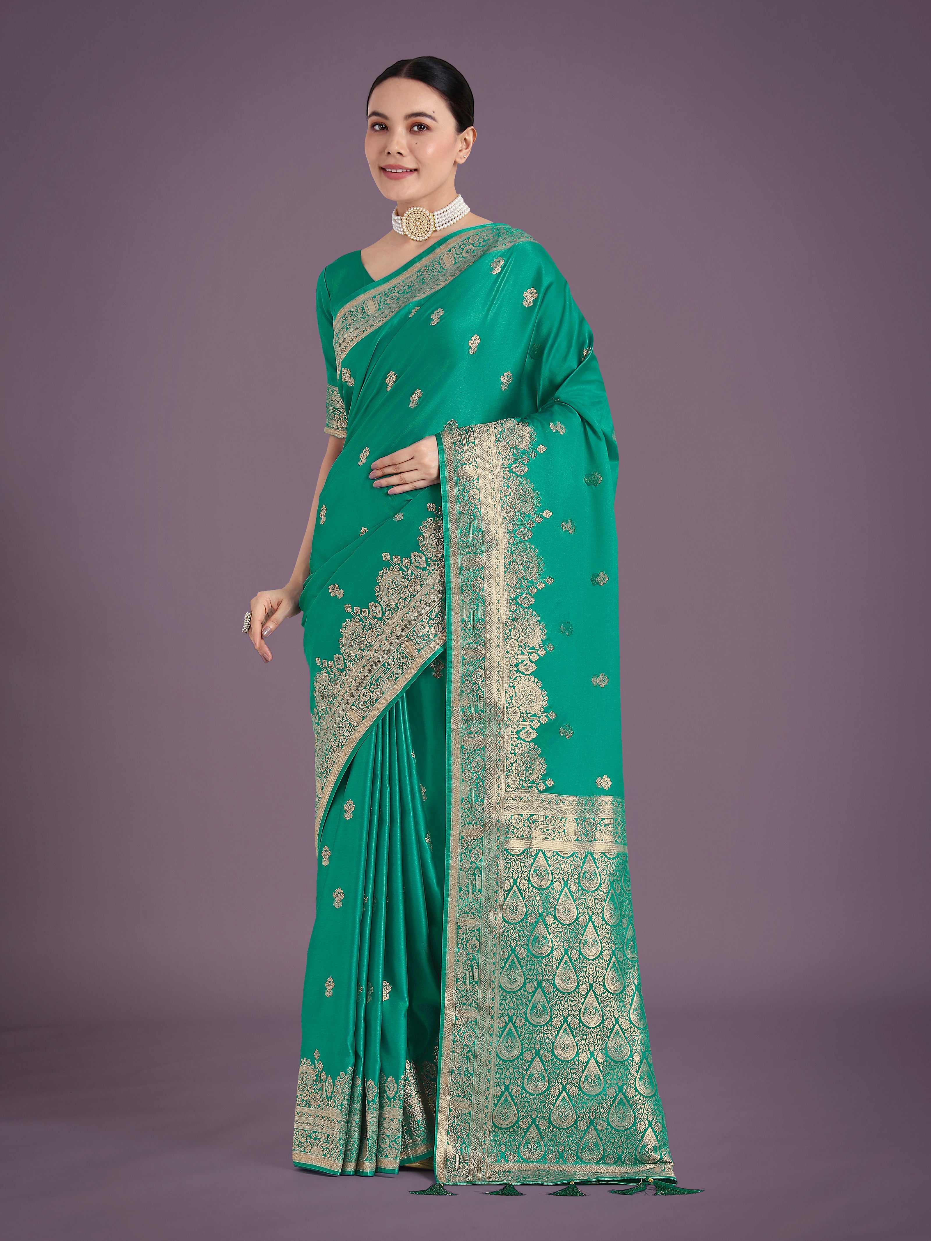 Turquoise With Gold Bordar Banarasi Woven Satin Saree