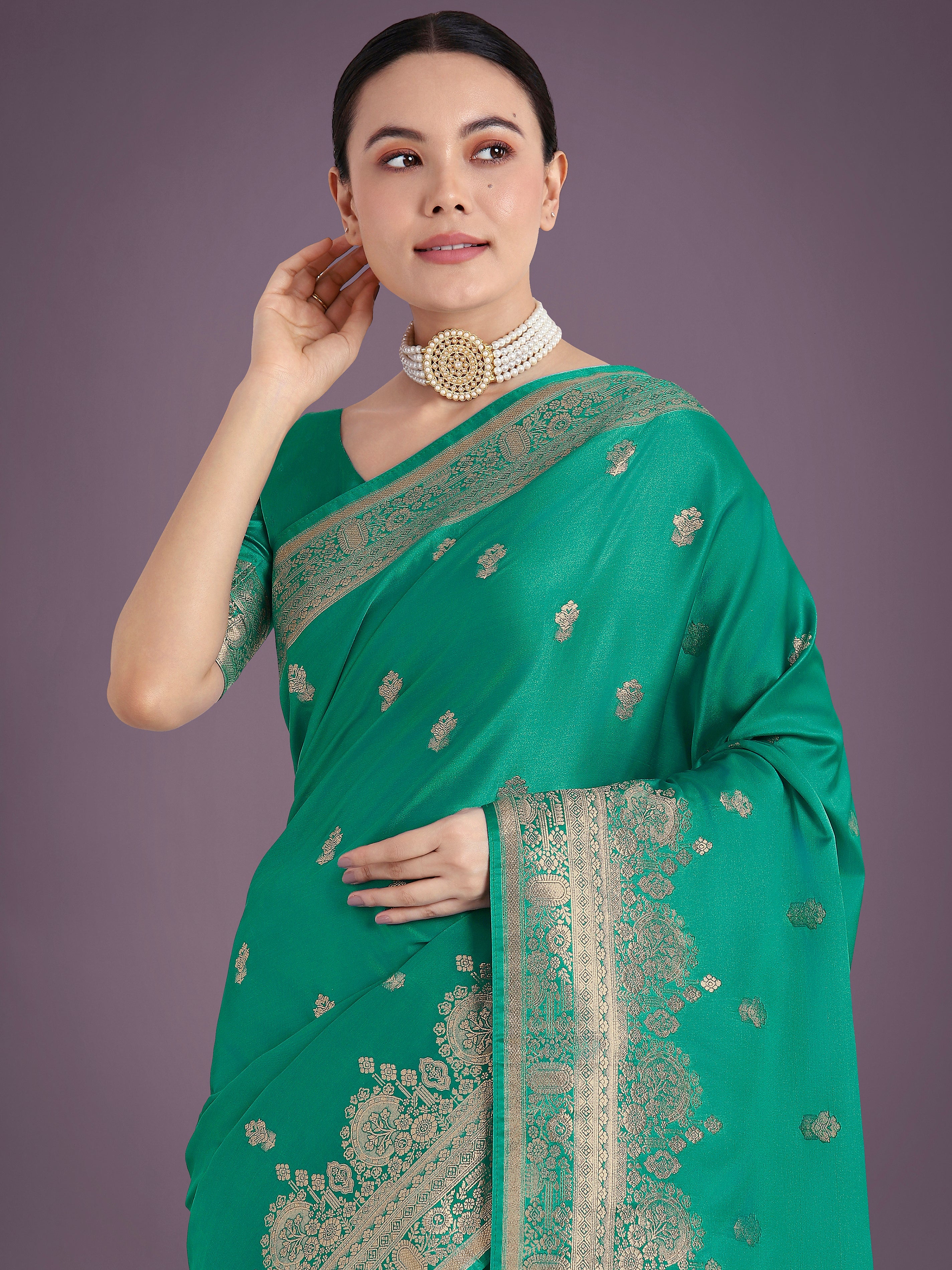Turquoise With Gold Bordar Banarasi Woven Satin Saree
