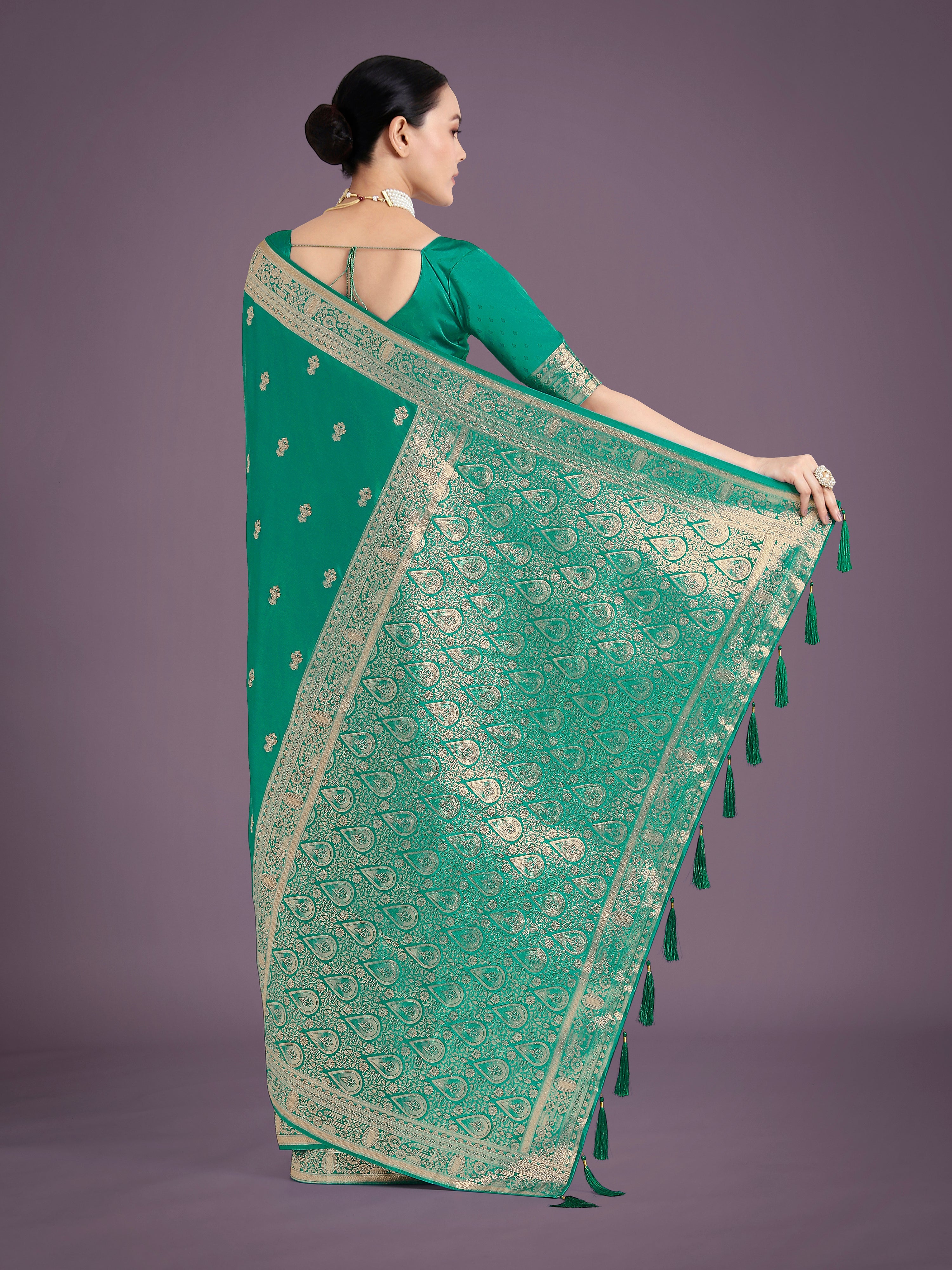 Turquoise With Gold Bordar Banarasi Woven Satin Saree