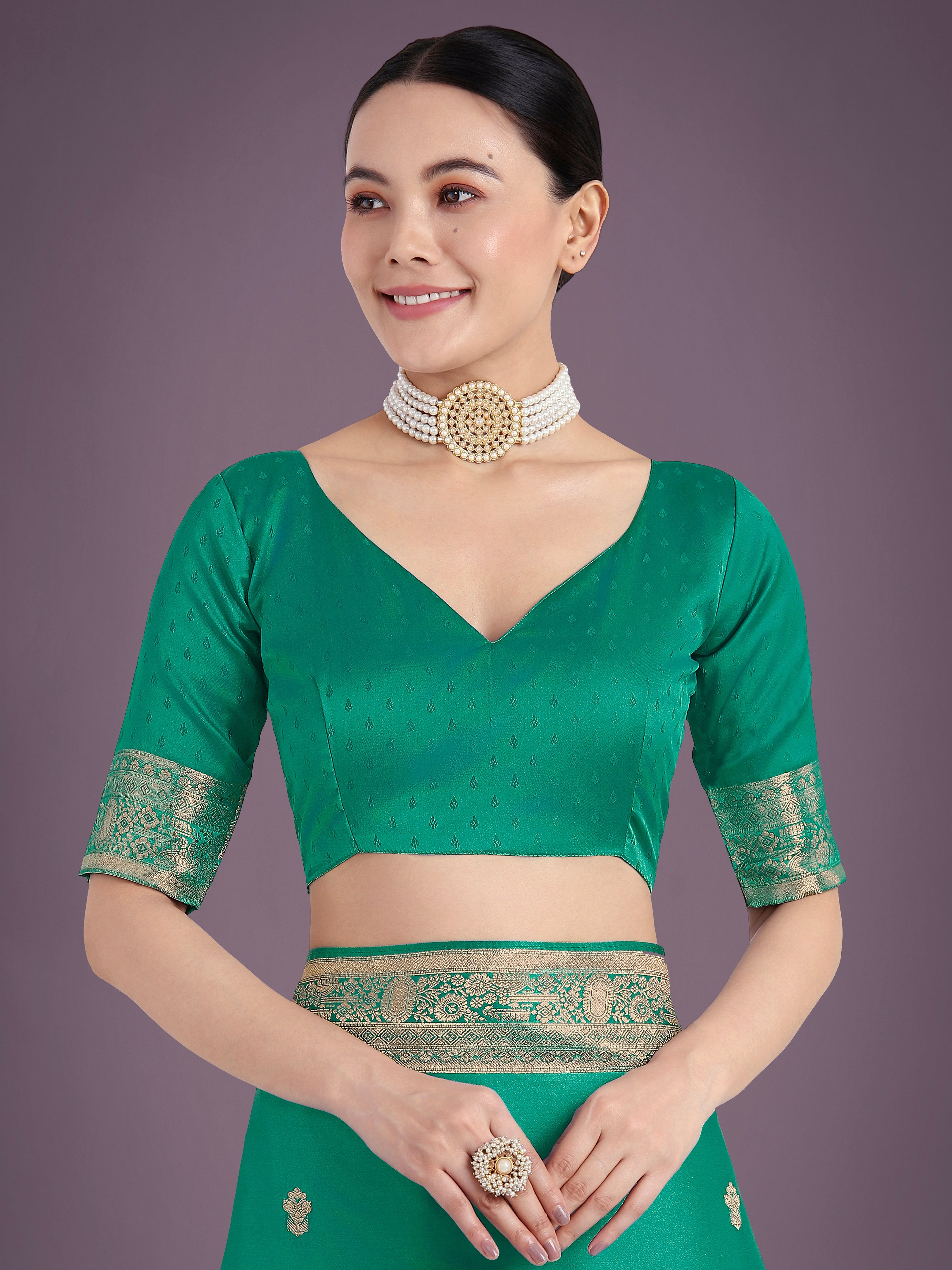 Turquoise With Gold Bordar Banarasi Woven Satin Saree