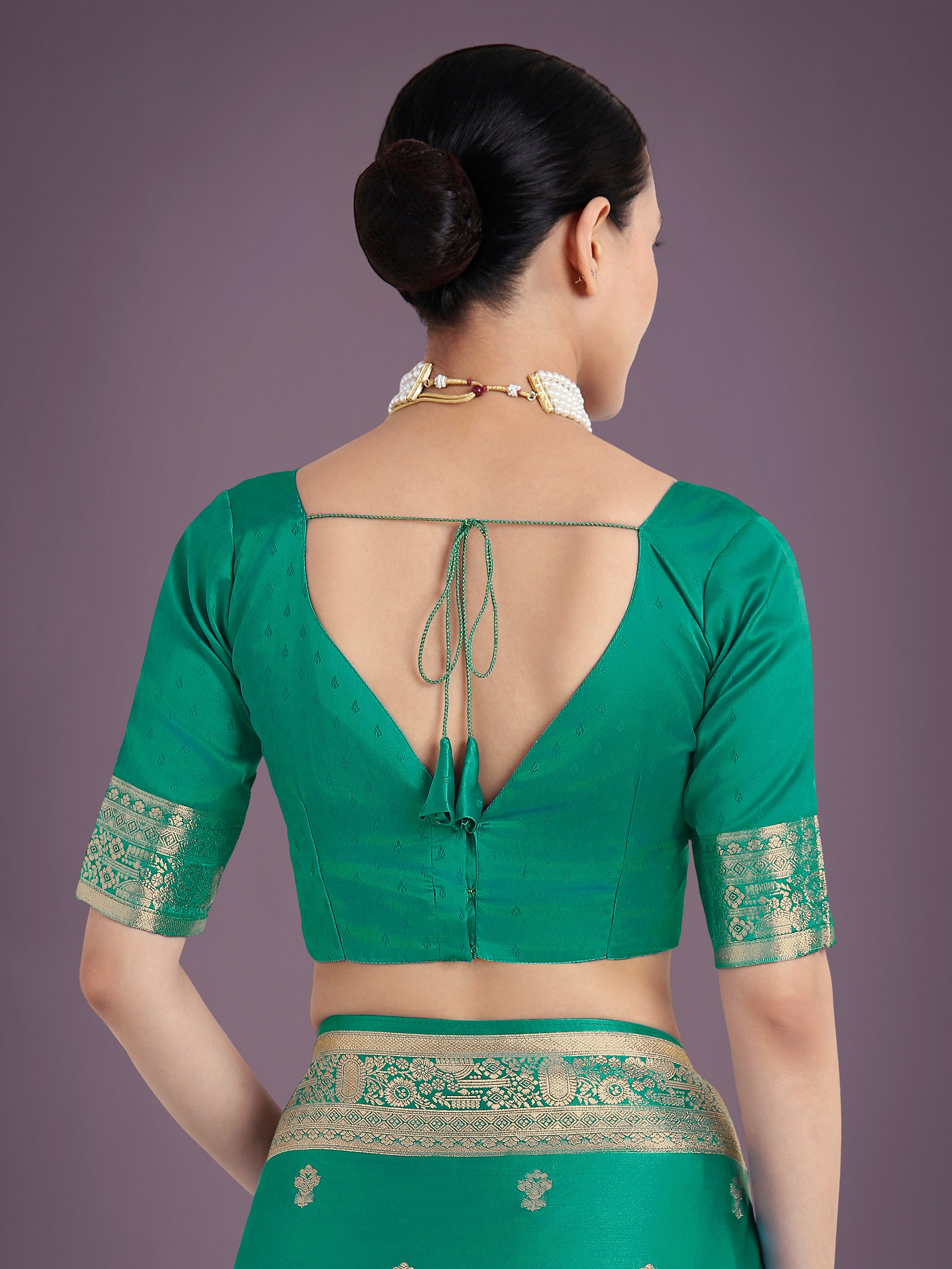 Turquoise With Gold Bordar Banarasi Woven Satin Saree