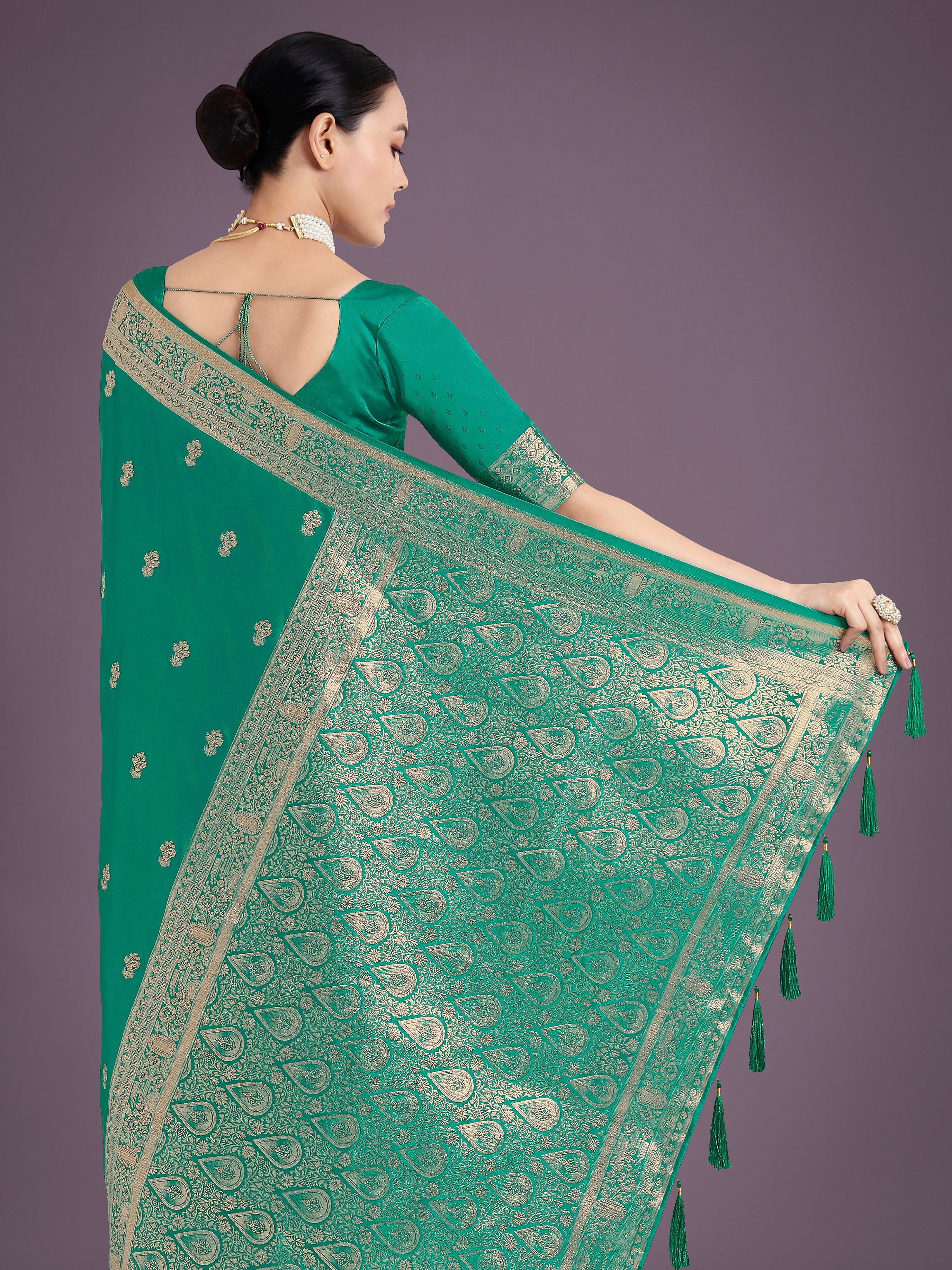 Turquoise With Gold Bordar Banarasi Woven Satin Saree
