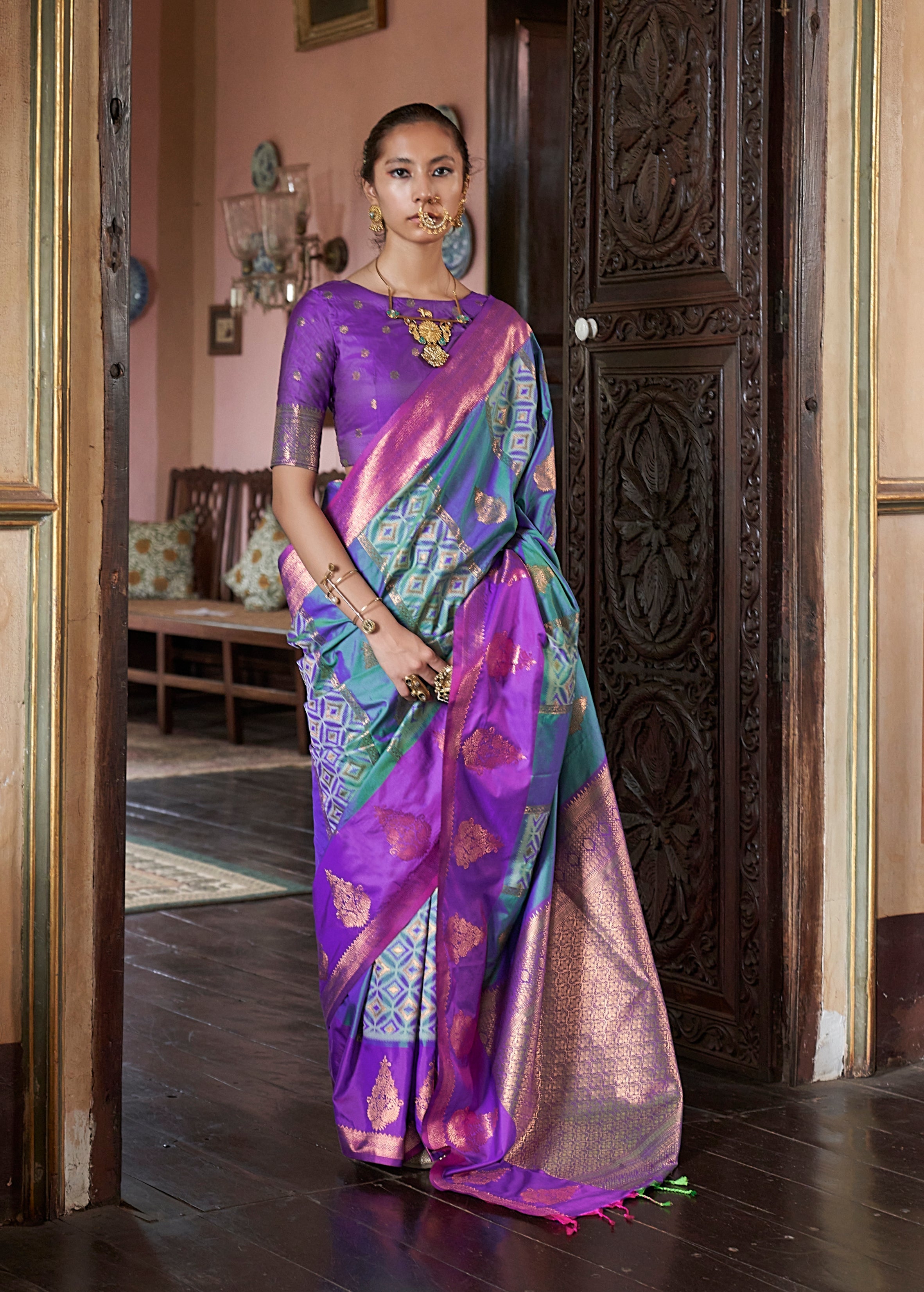 Turquoise Zari Woven Work Silk Indian Traditional Wear Saree