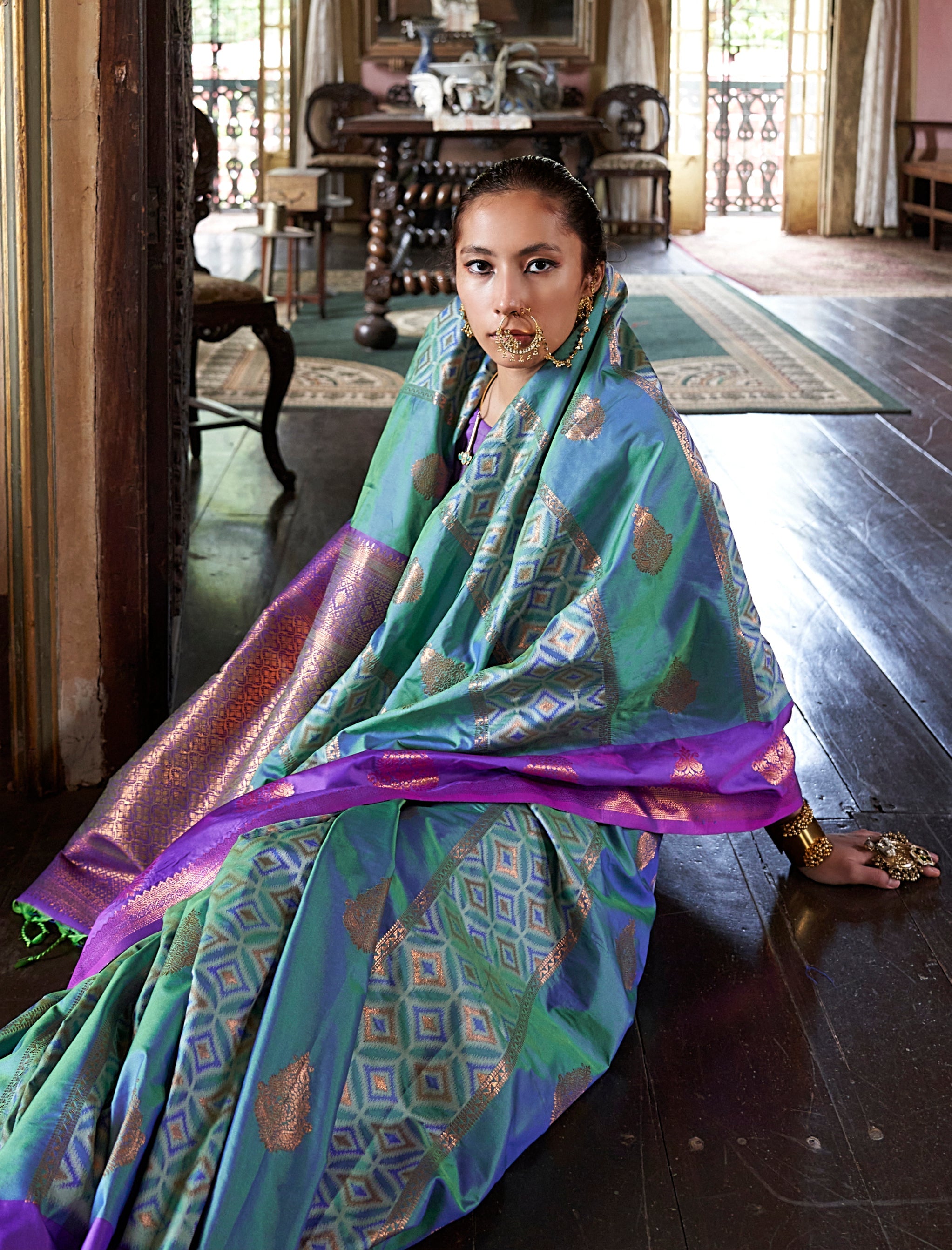 Turquoise Zari Woven Work Silk Indian Traditional Wear Saree