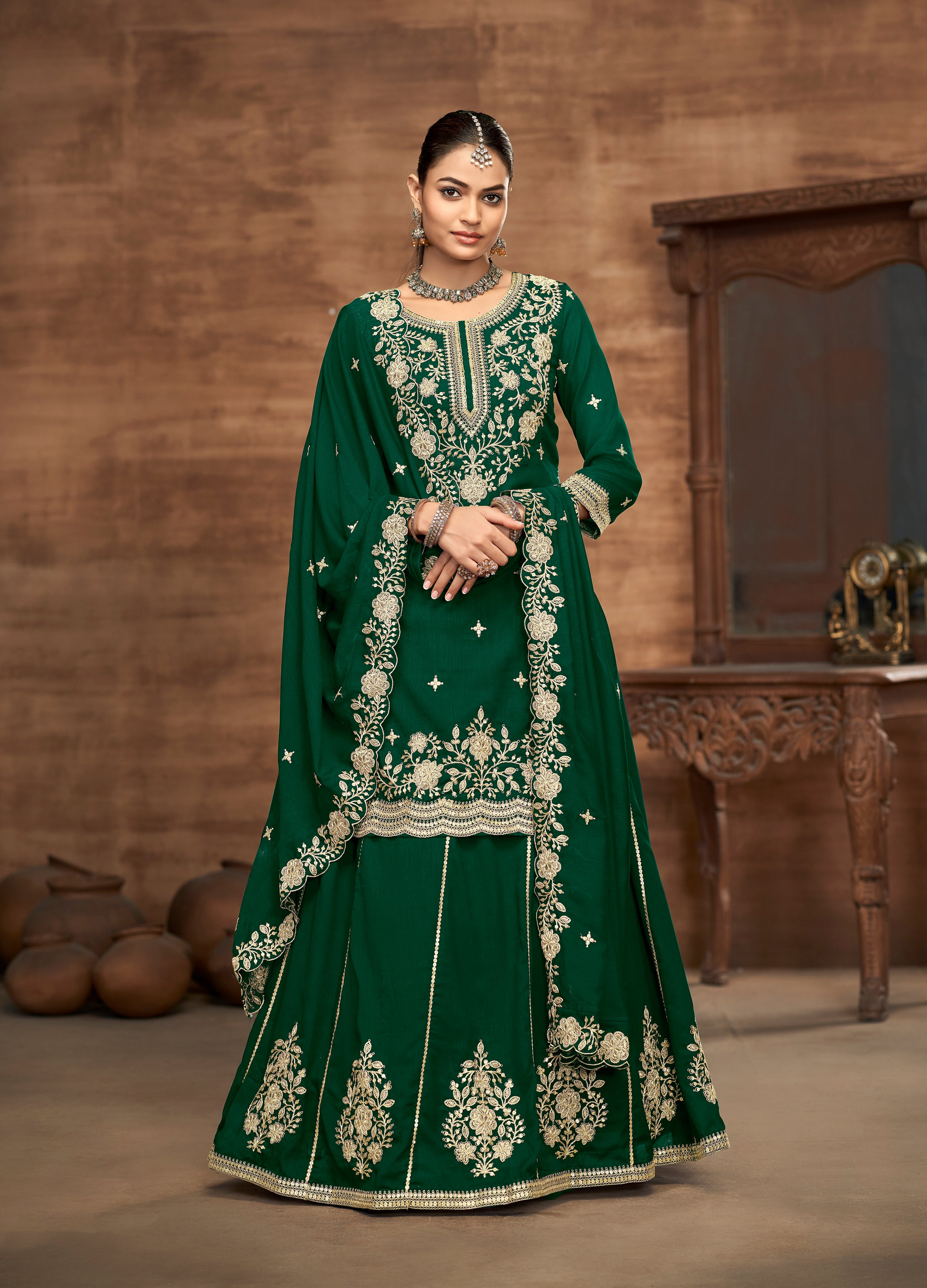 Vichitra Silk Embroidered Dark Green Readymade Lehenga Style Suit