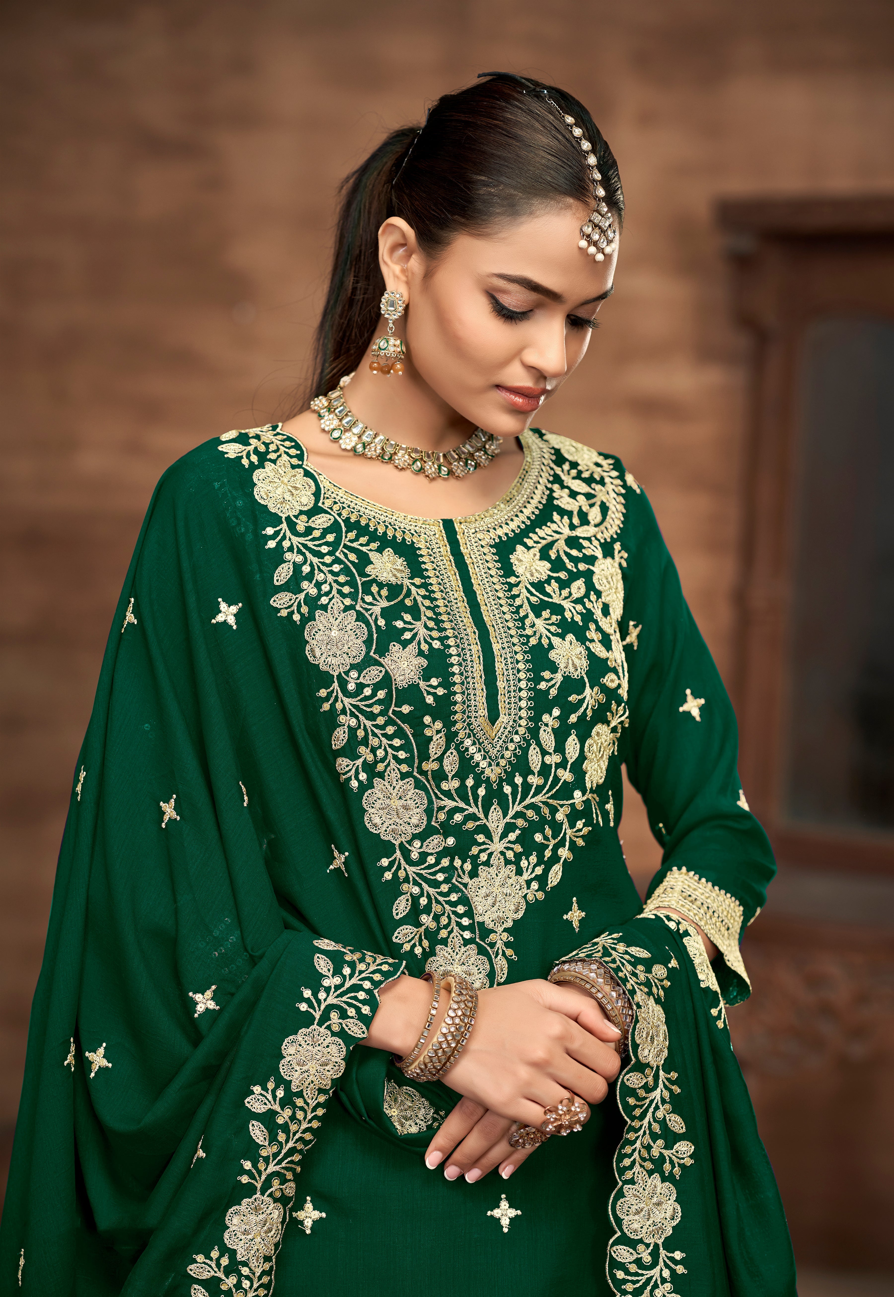 Vichitra Silk Embroidered Dark Green Readymade Lehenga Style Suit