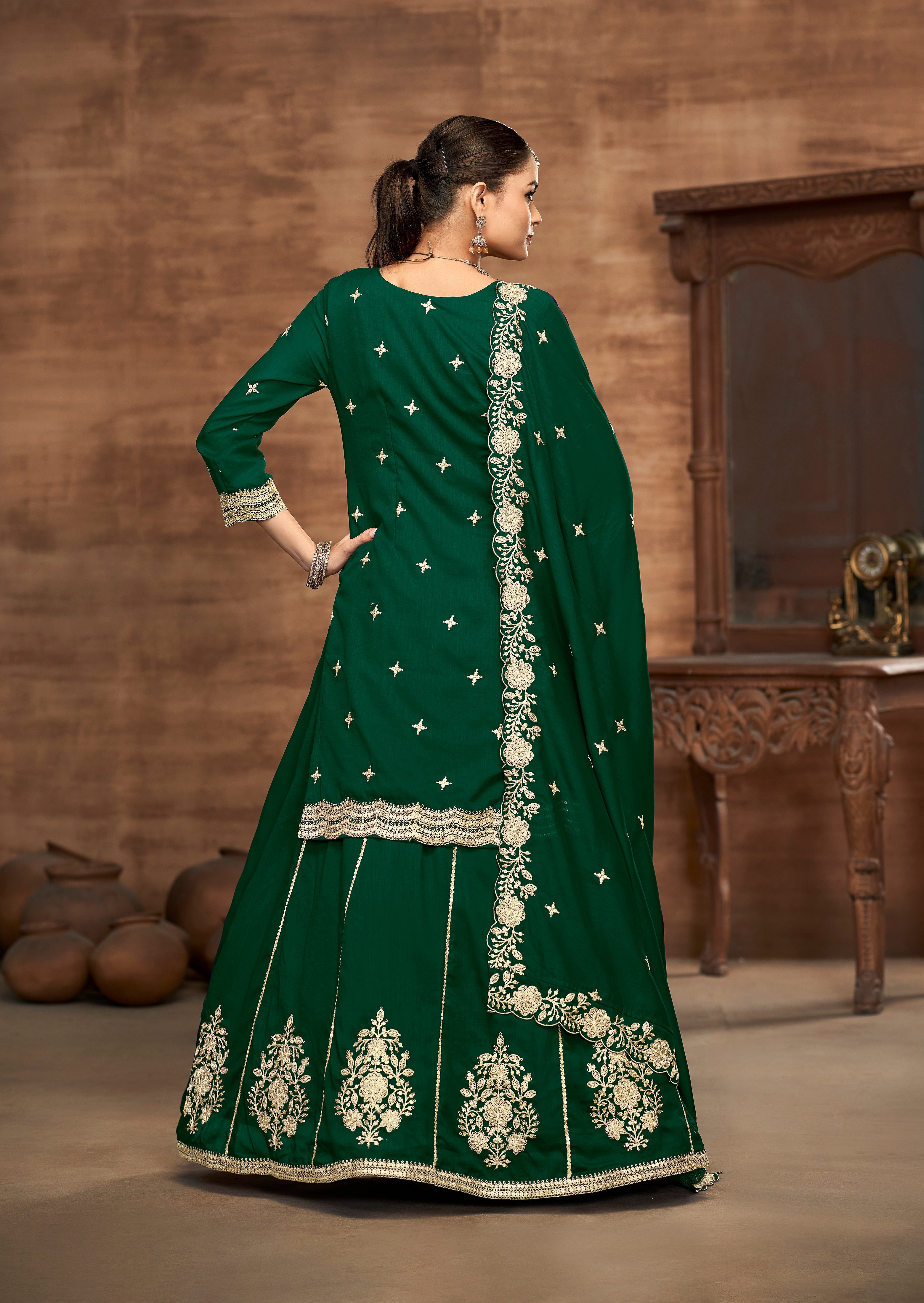 Vichitra Silk Embroidered Dark Green Readymade Lehenga Style Suit