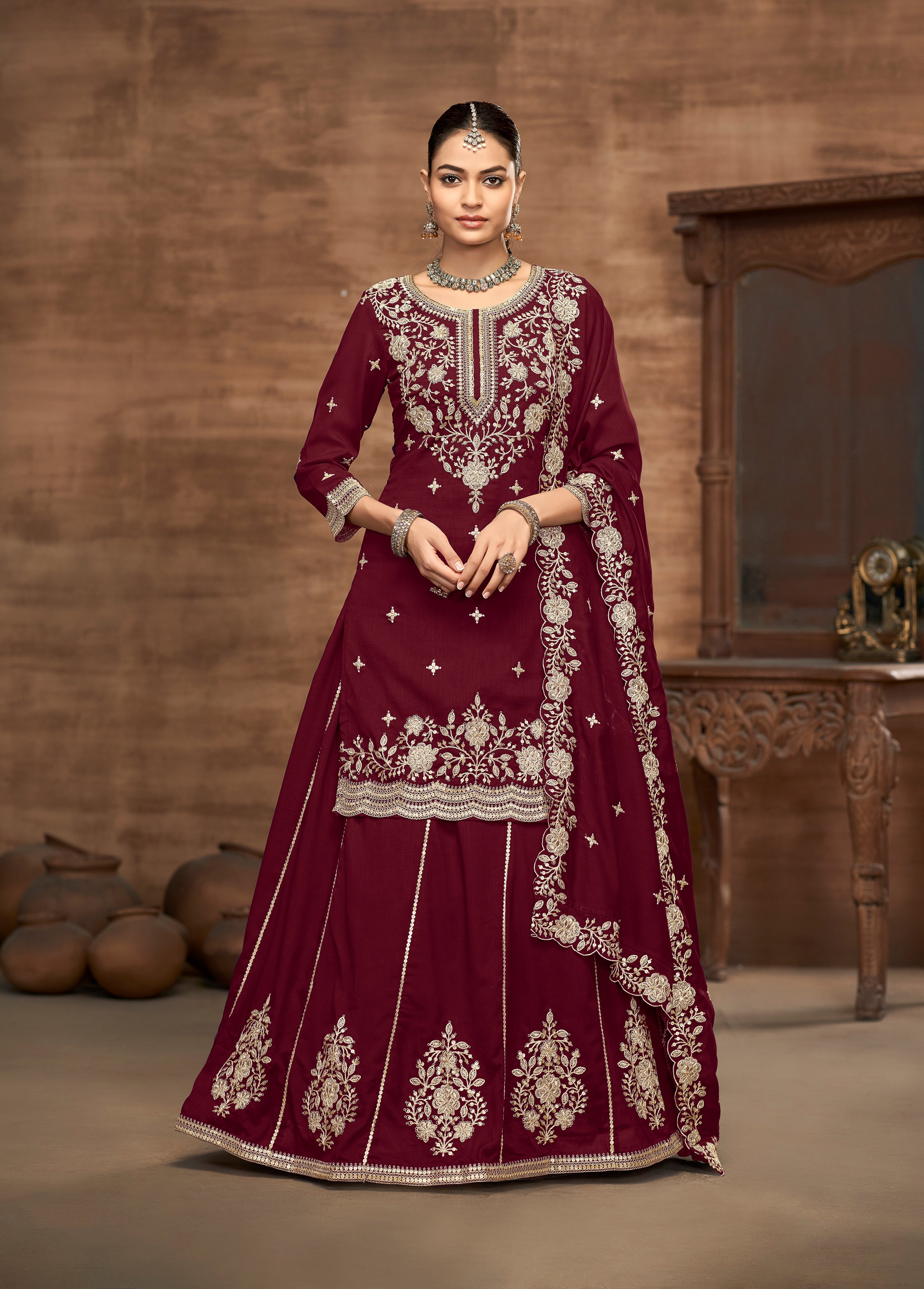 Vichitra Silk Embroidered Maroon Readymade Lehenga Style Suit