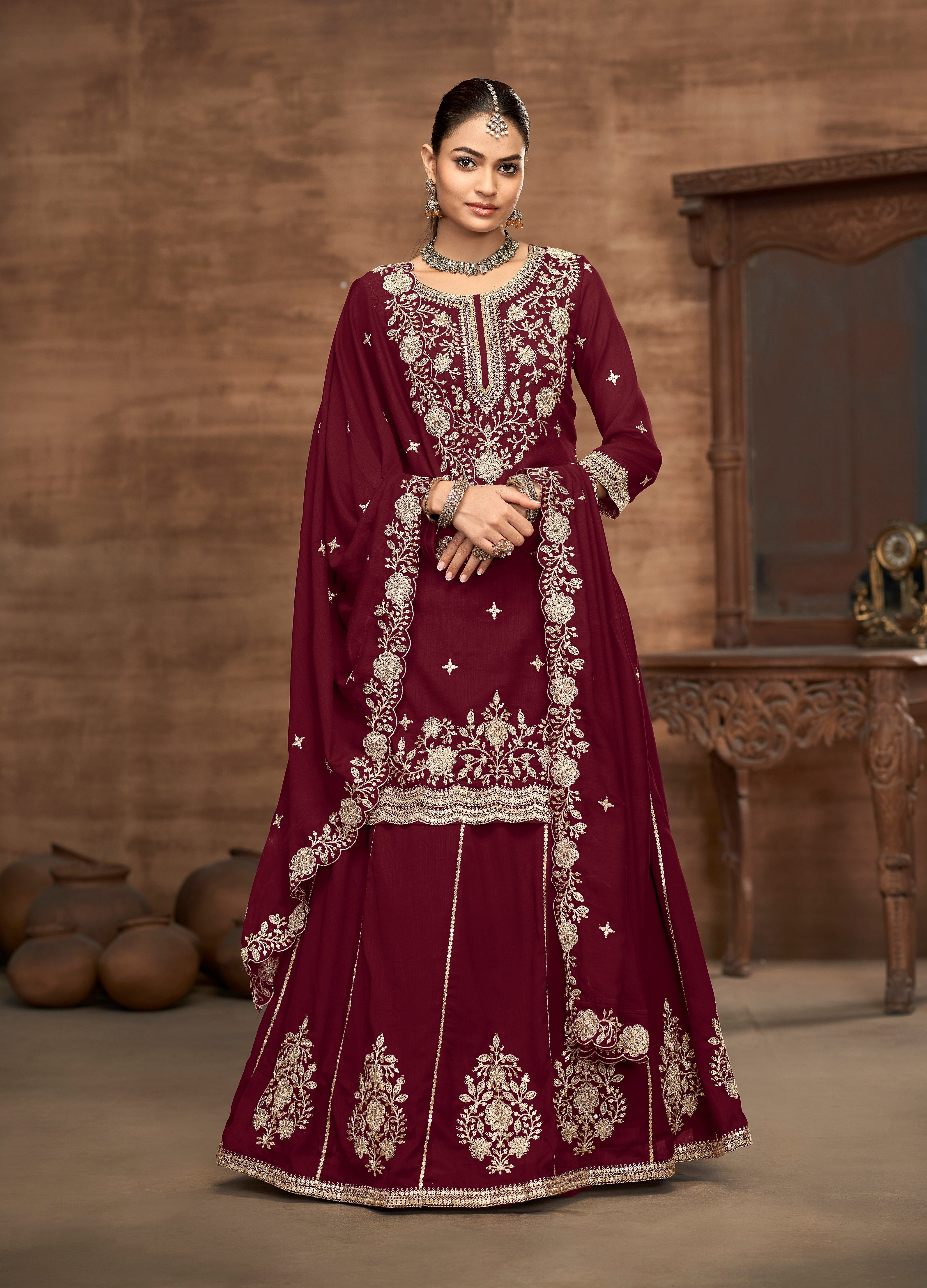 Vichitra Silk Embroidered Maroon Readymade Lehenga Style Suit