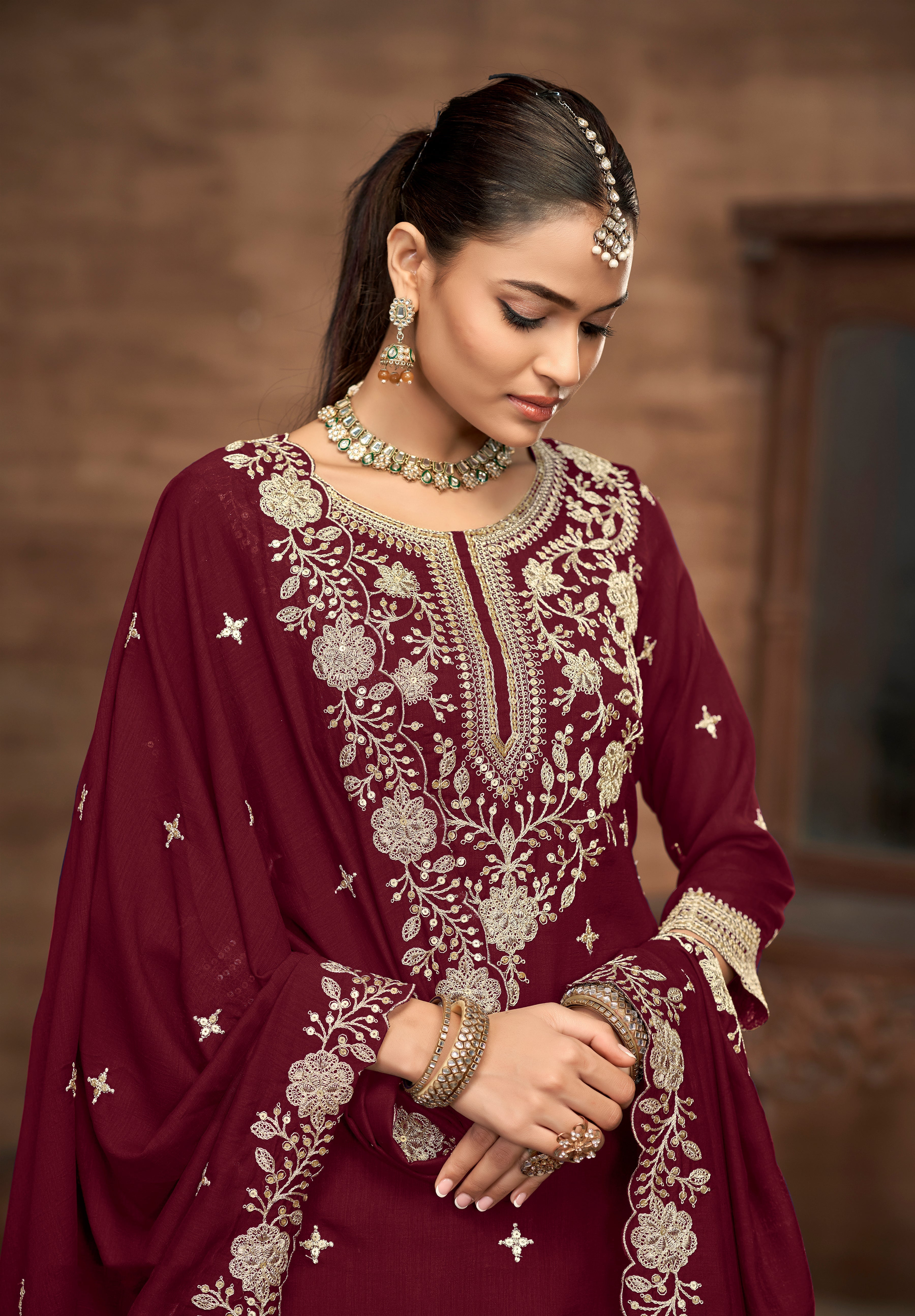 Vichitra Silk Embroidered Maroon Readymade Lehenga Style Suit