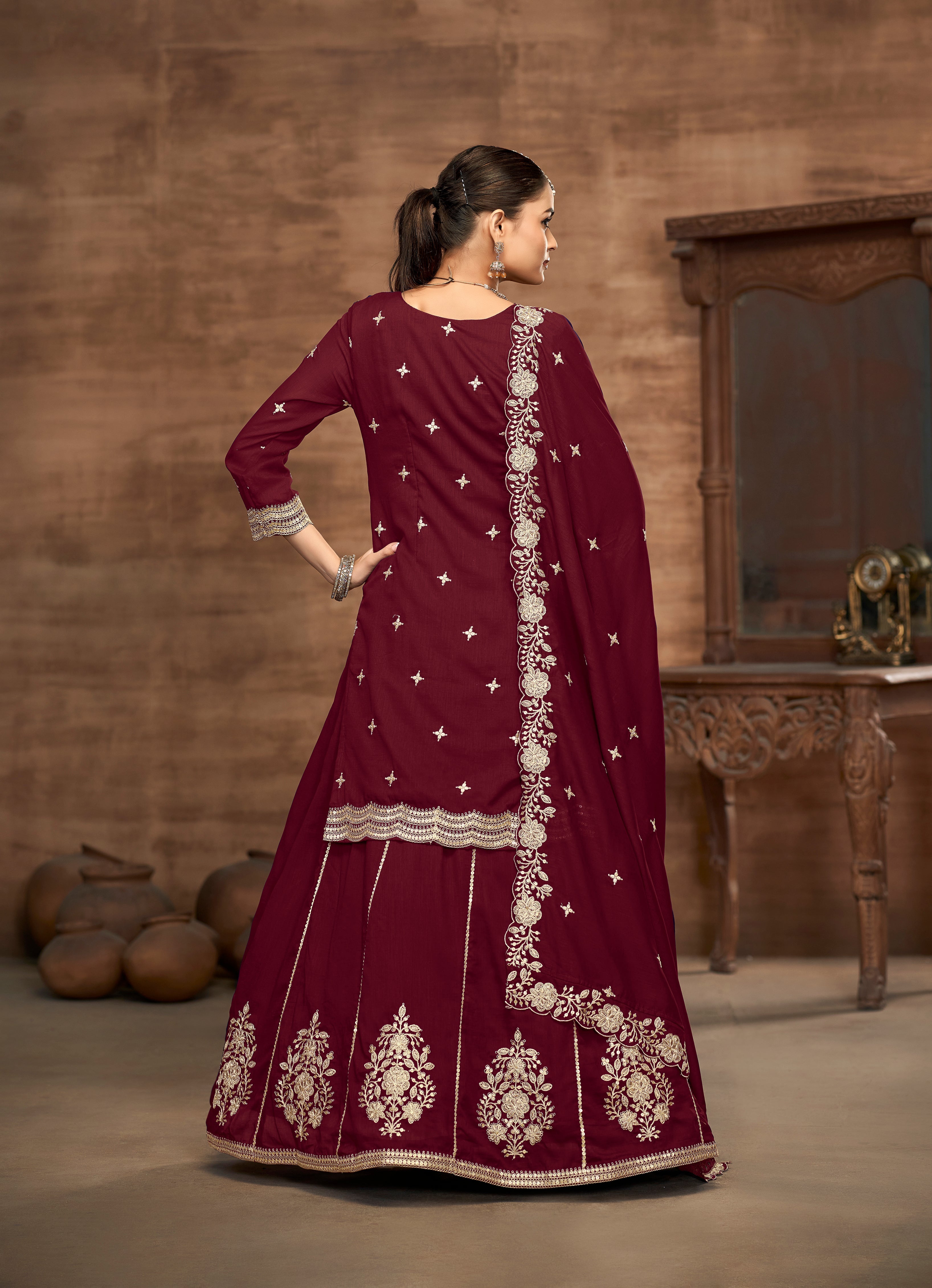 Vichitra Silk Embroidered Maroon Readymade Lehenga Style Suit