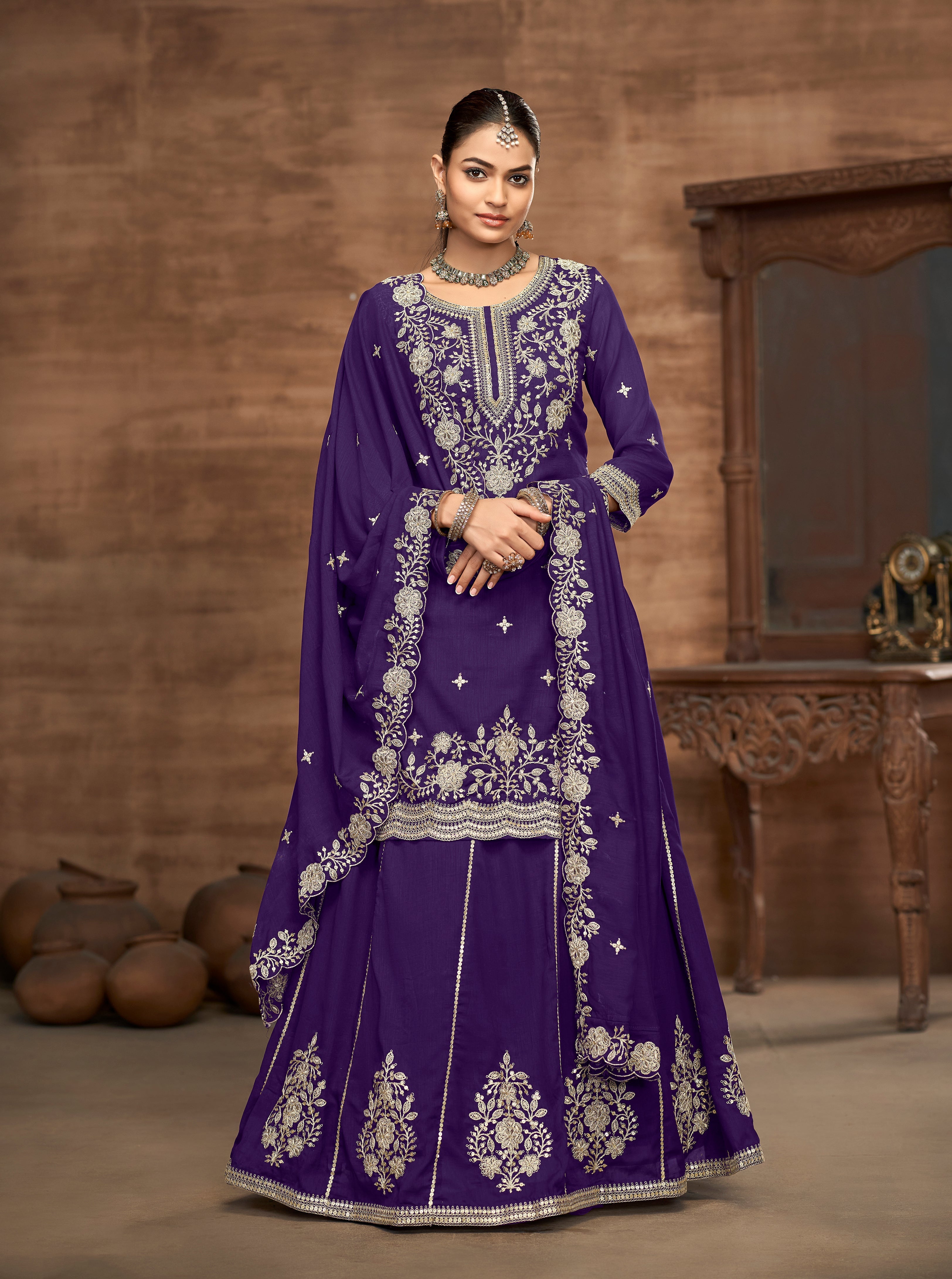 Vichitra Silk Embroidered Purple Readymade Lehenga Style Suit