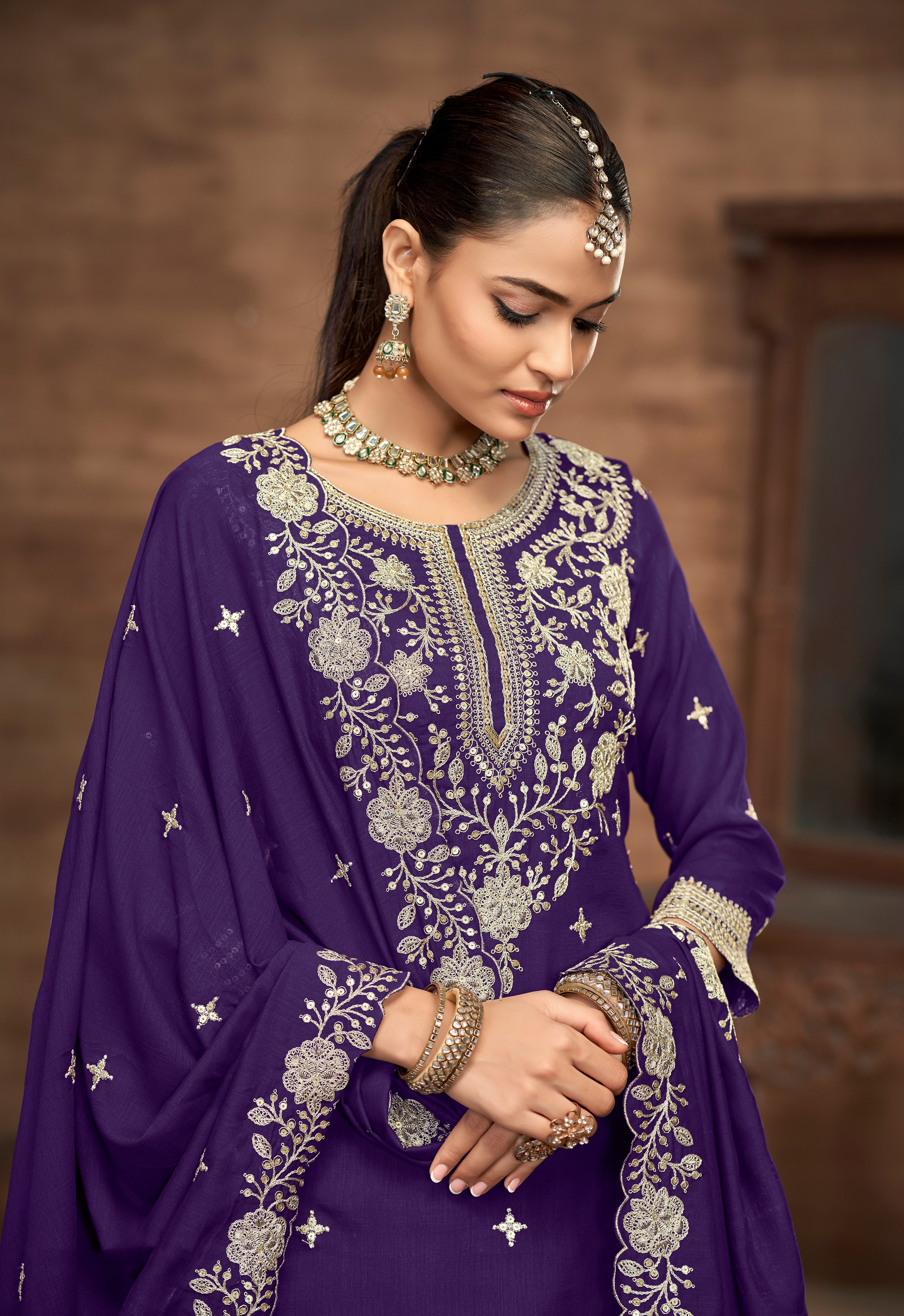 Vichitra Silk Embroidered Purple Readymade Lehenga Style Suit