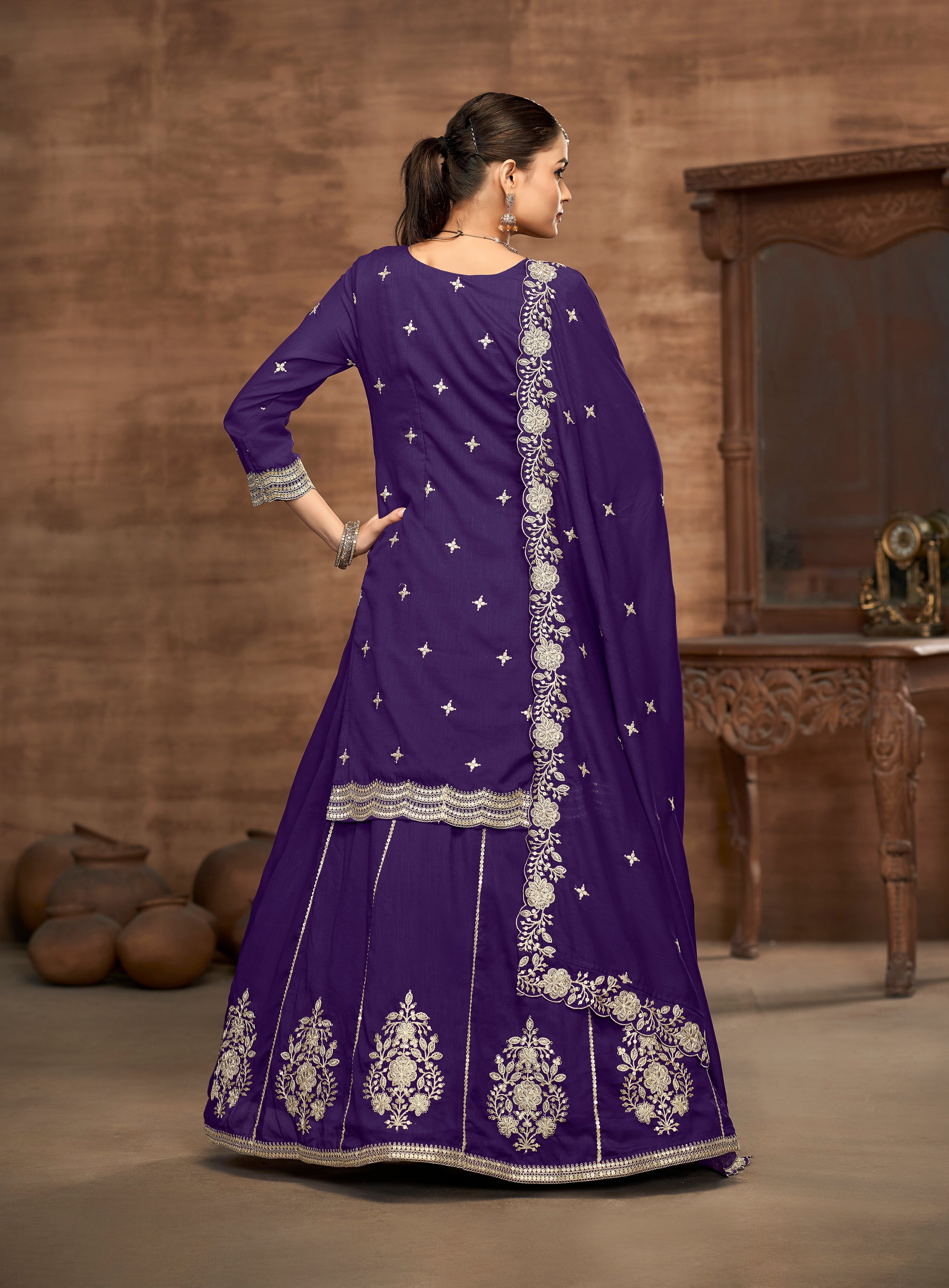 Vichitra Silk Embroidered Purple Readymade Lehenga Style Suit