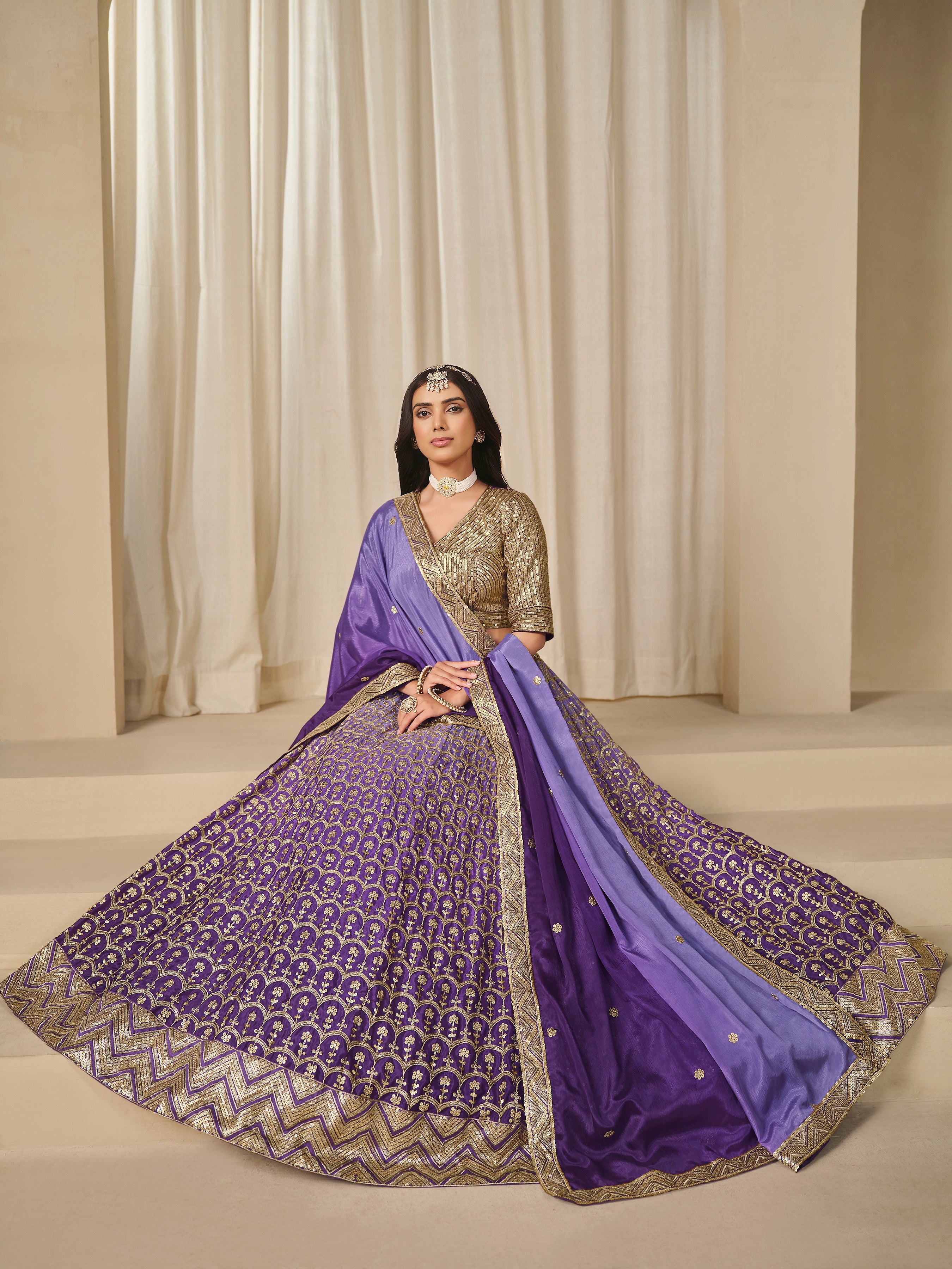 Violet Chinon Silk Sequins and Zari Work Lehenga Choli