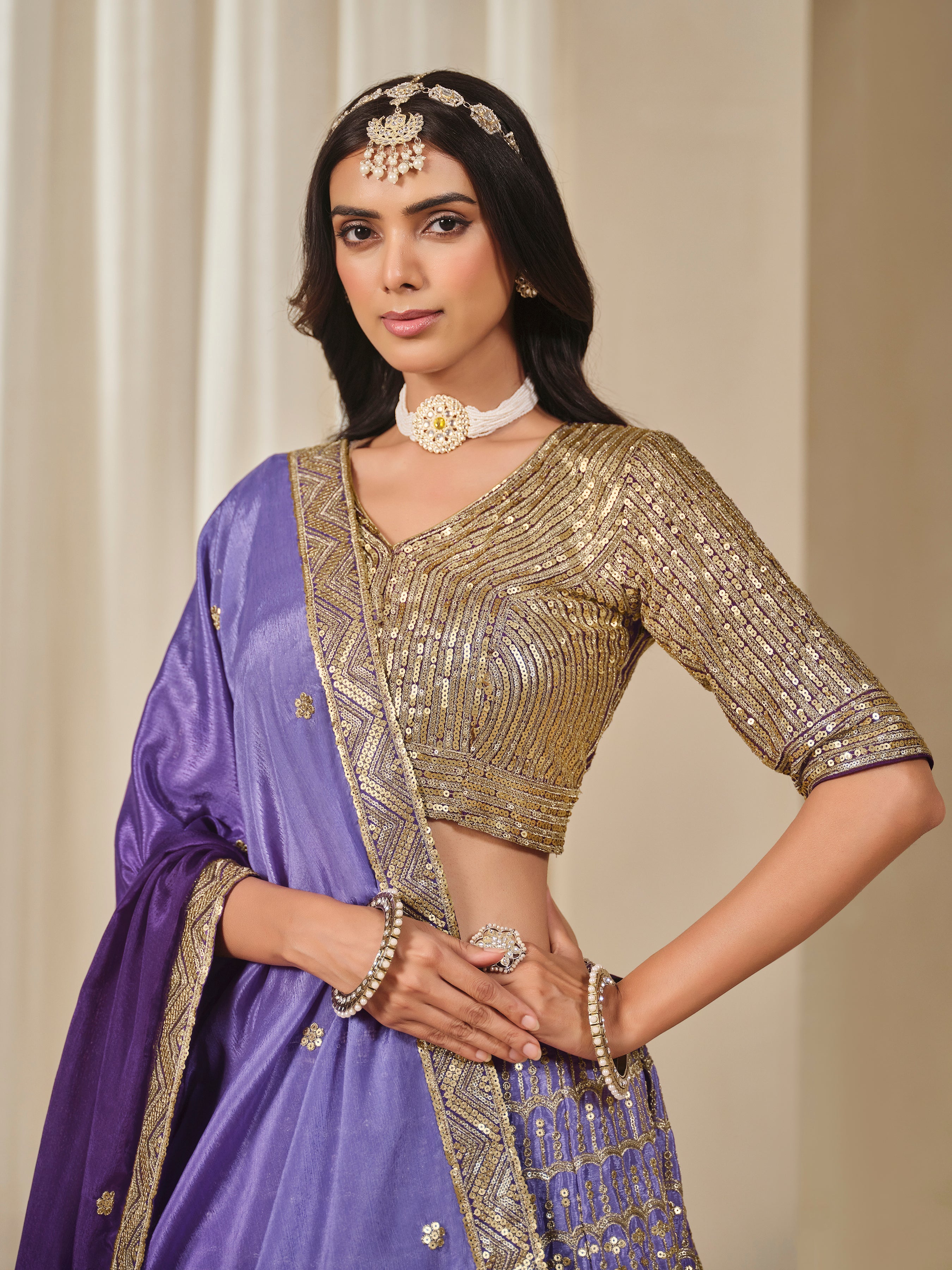 Violet Chinon Silk Sequins and Zari Work Lehenga Choli
