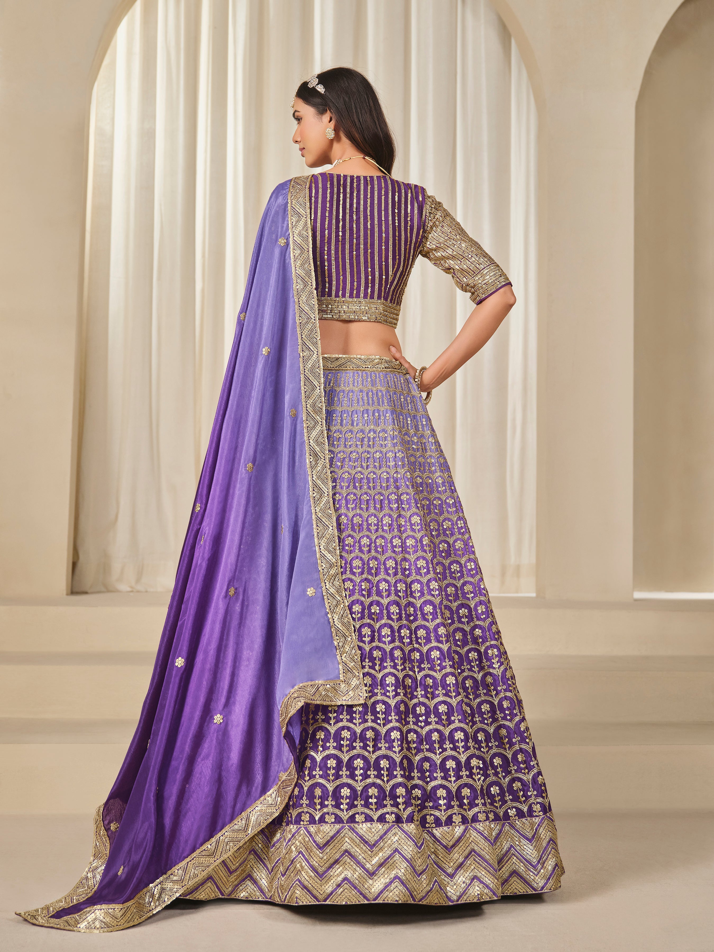 Violet Chinon Silk Sequins and Zari Work Lehenga Choli