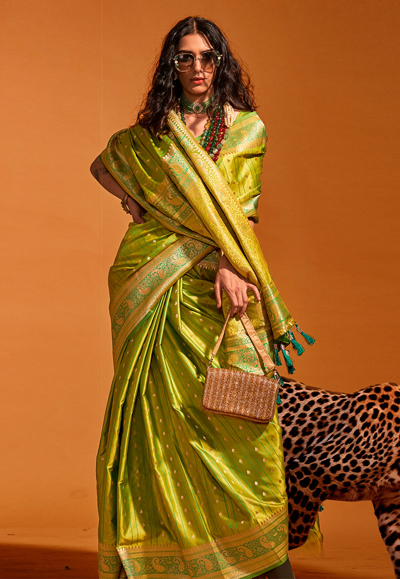 Olive Rich Banarasi Satin Silk Zari Woven Festival Saree