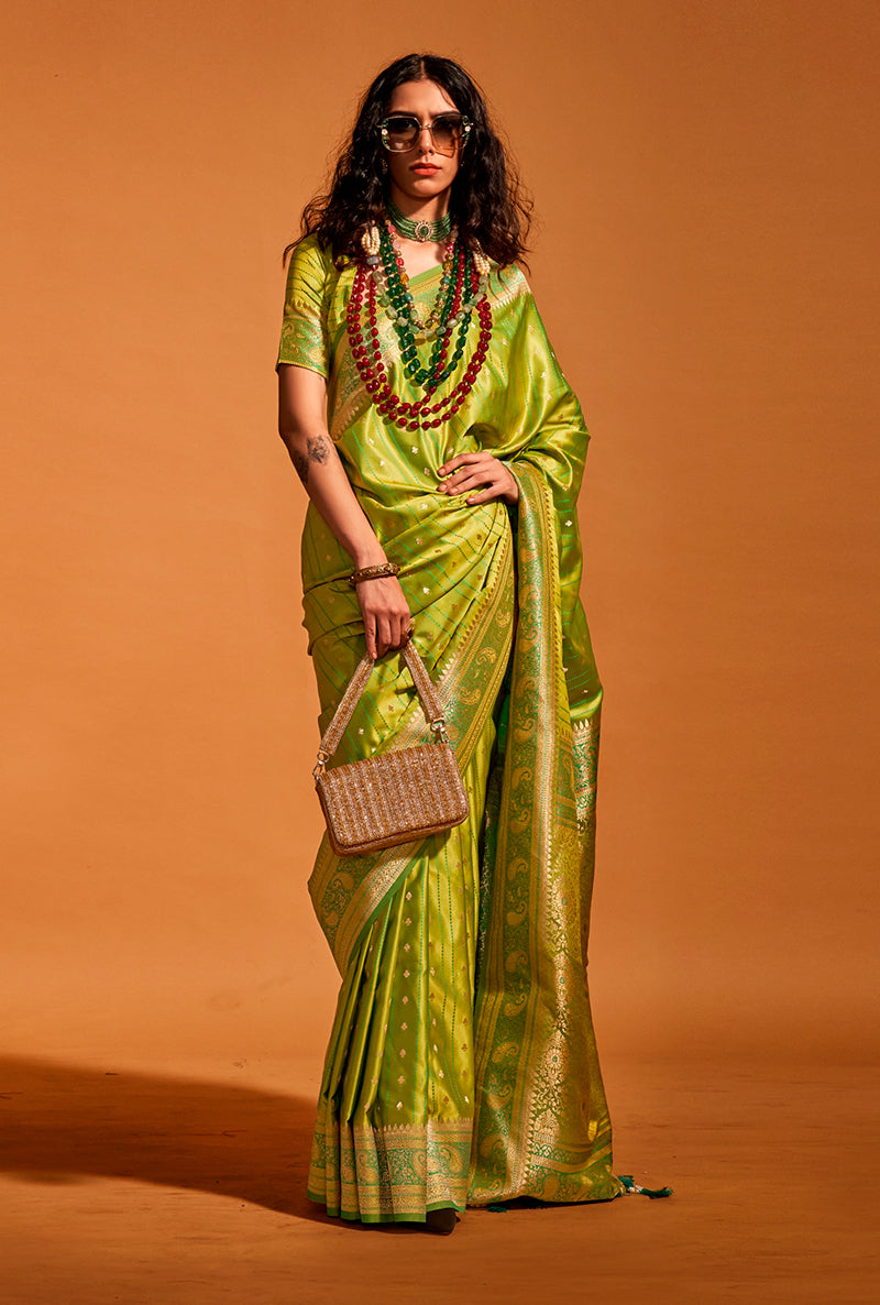 Olive Rich Banarasi Satin Silk Zari Woven Festival Saree
