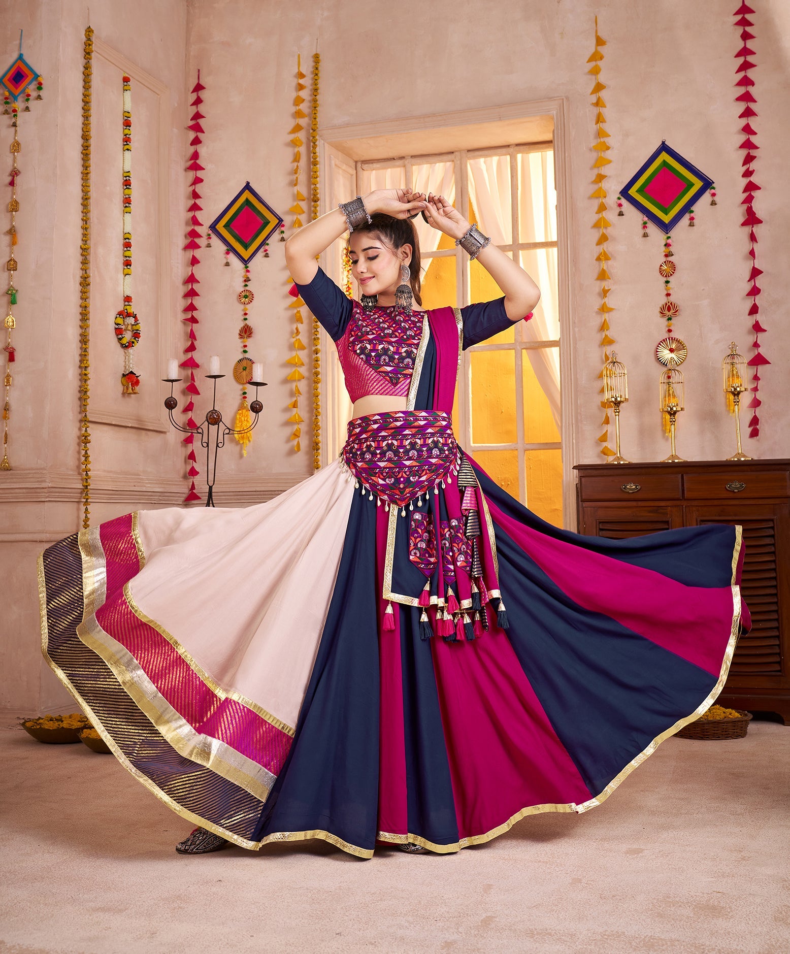 Viscose Cotton Multi-Color Embroidery Navratri Lehenga Choli
