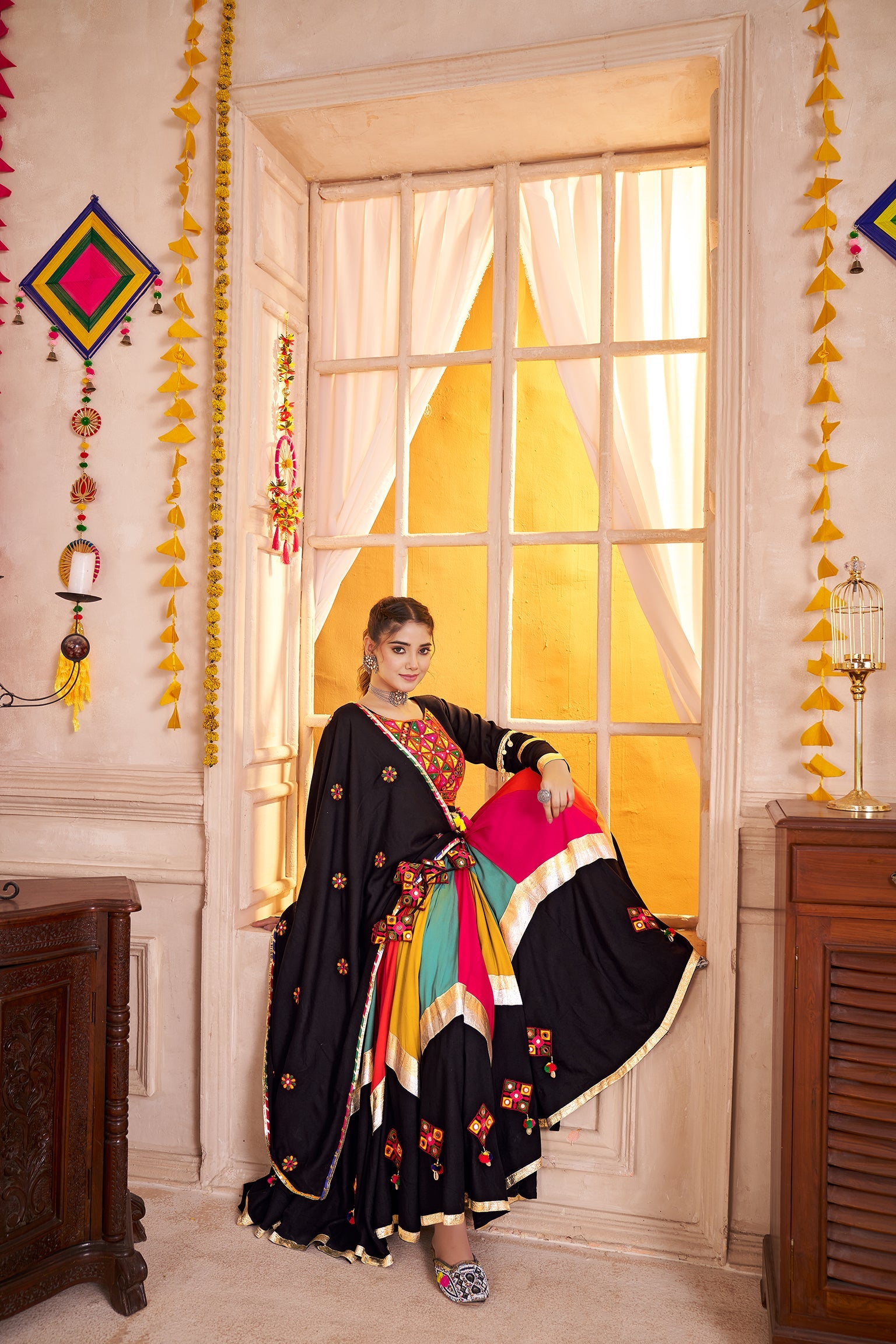 Viscose Cotton Navratri Readymade Lehenga Choli in Multi Color & Black