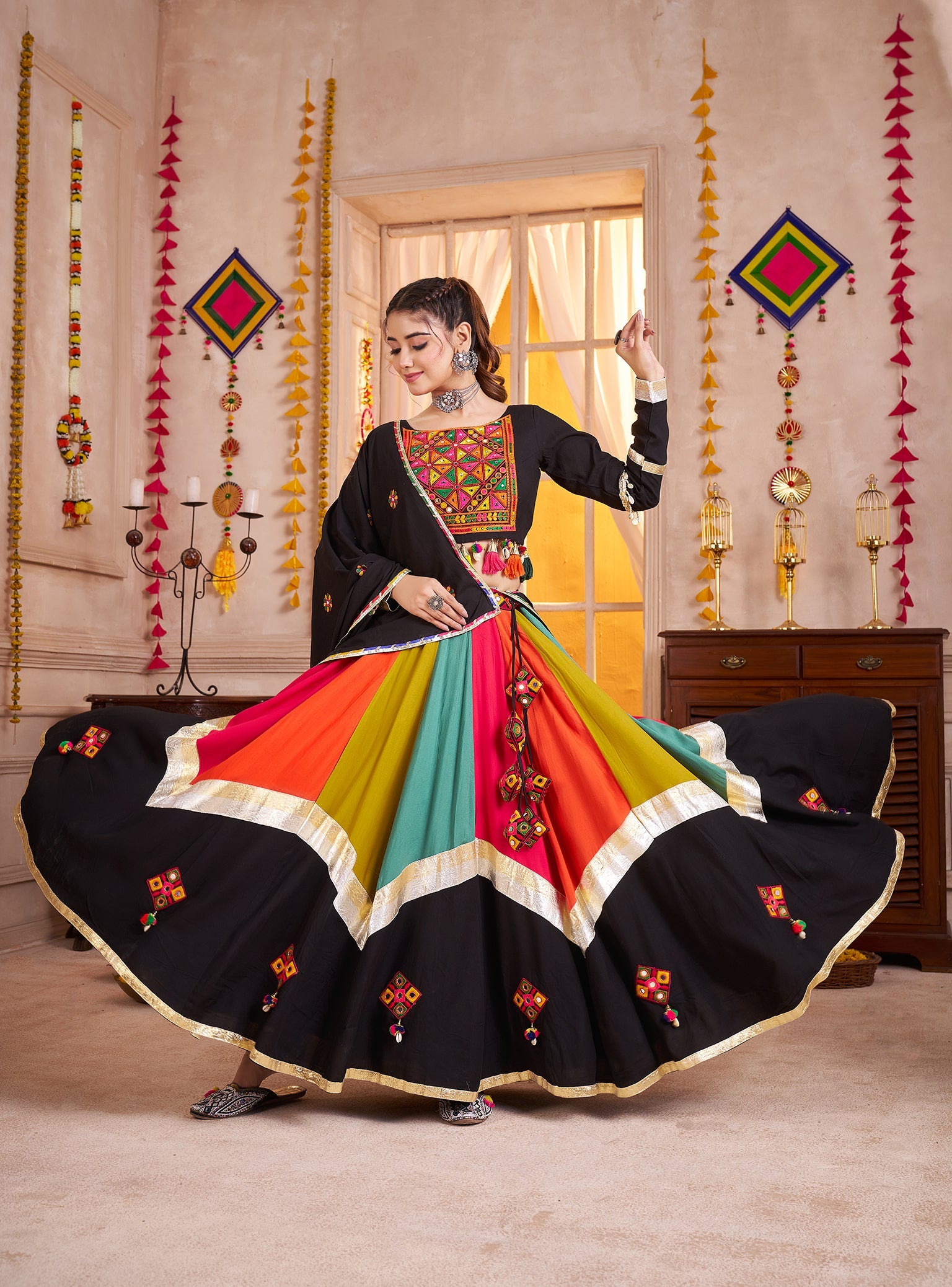 Viscose Cotton Navratri Readymade Lehenga Choli in Multi Color & Black
