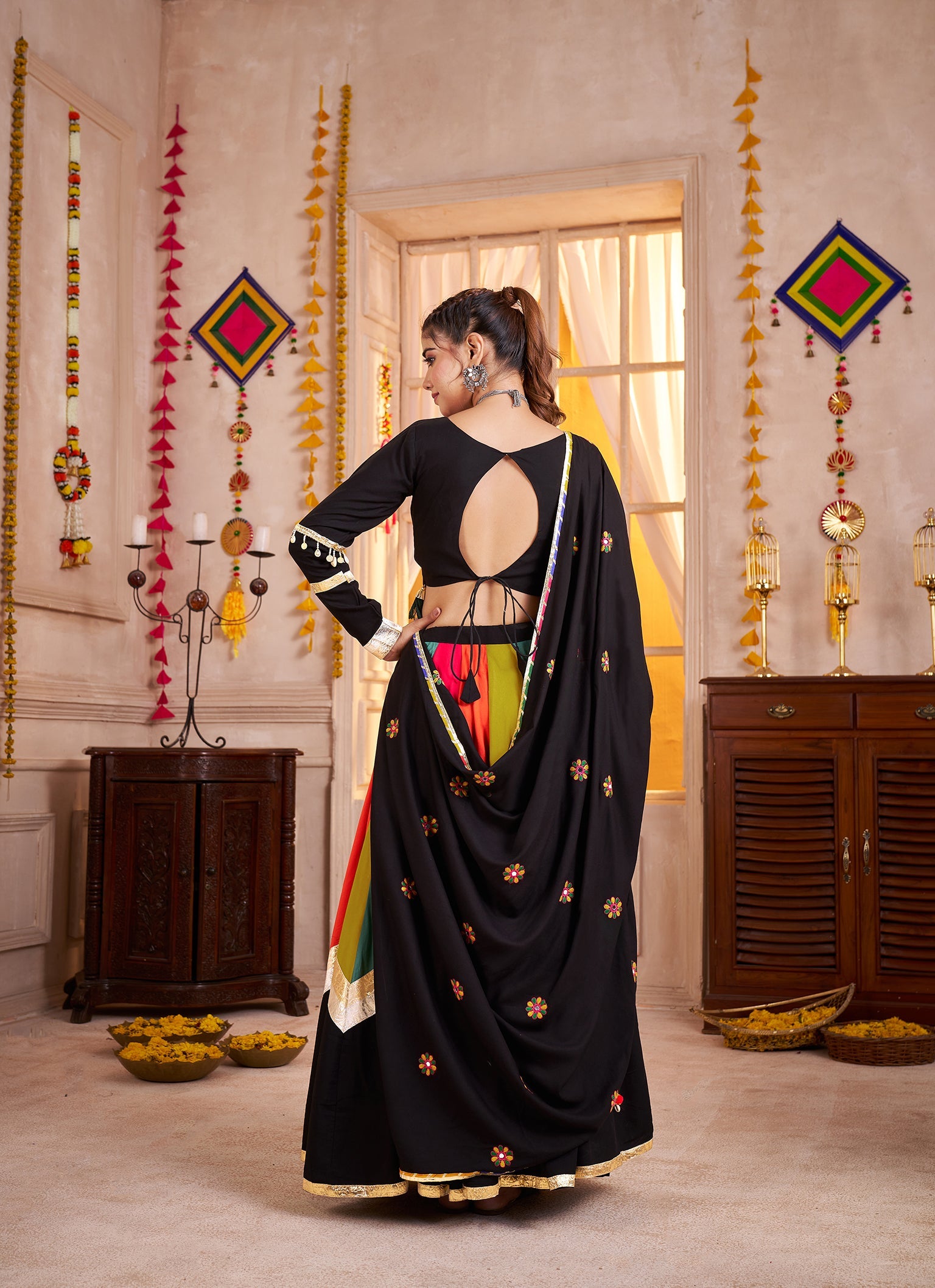 Viscose Cotton Navratri Readymade Lehenga Choli in Multi Color & Black