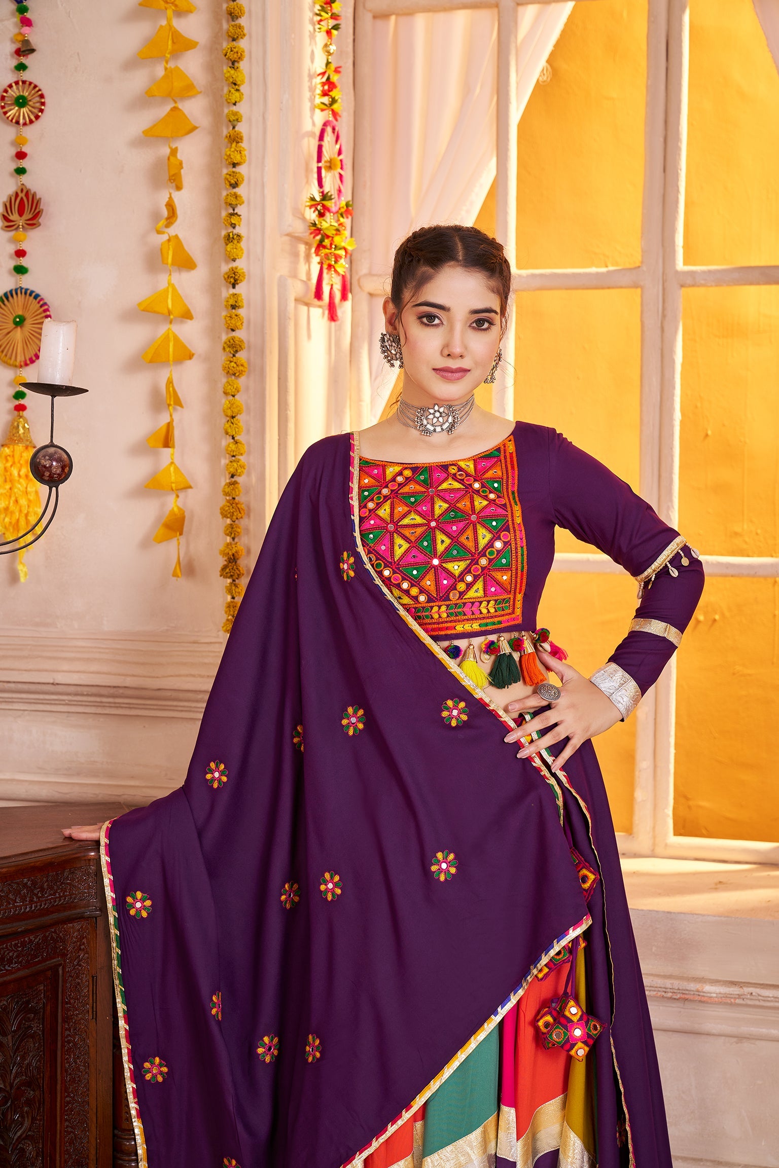 Viscose Cotton Navratri Readymade Lehenga Choli in Multi Color & Purple