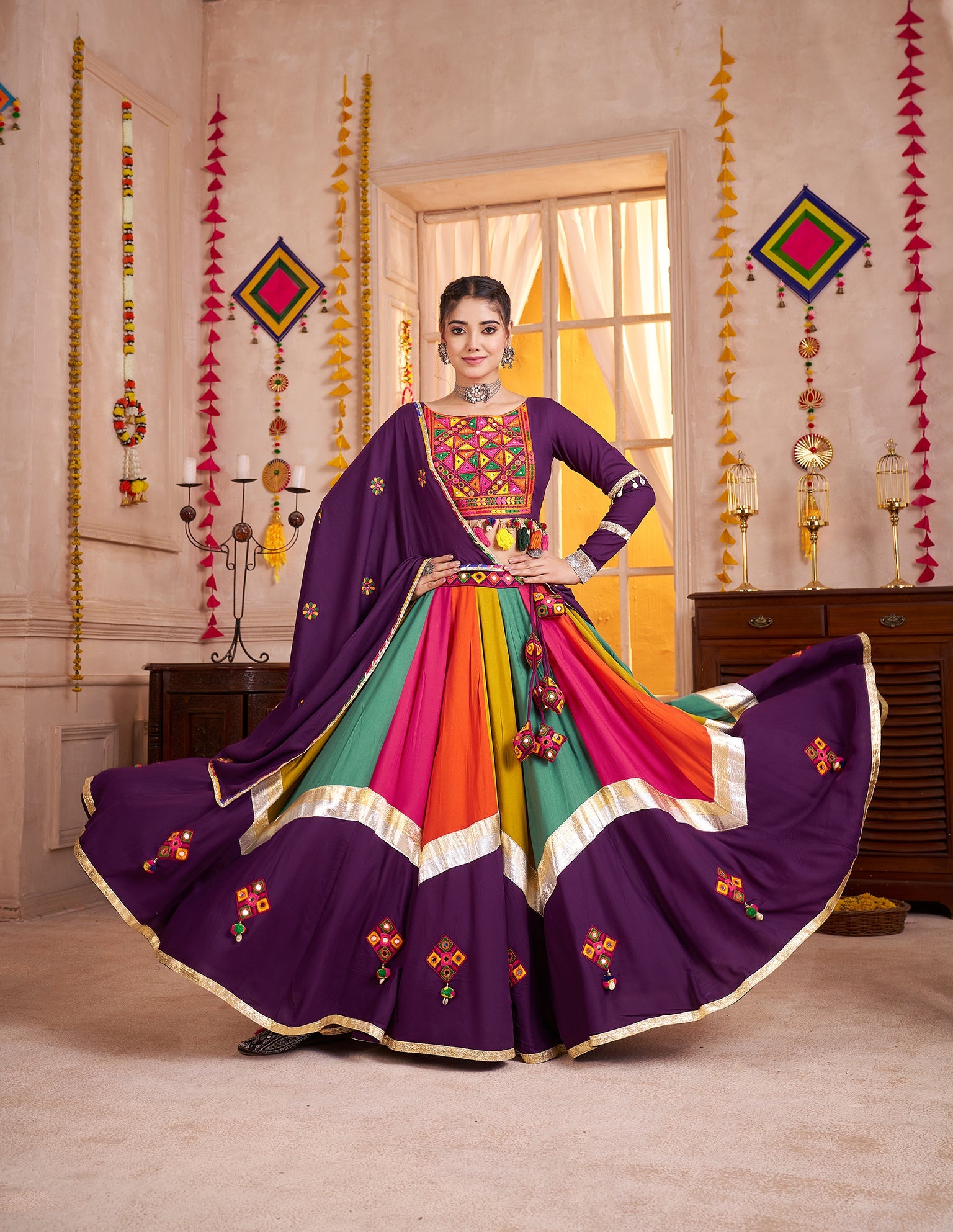 Viscose Cotton Navratri Readymade Lehenga Choli in Multi Color & Purple