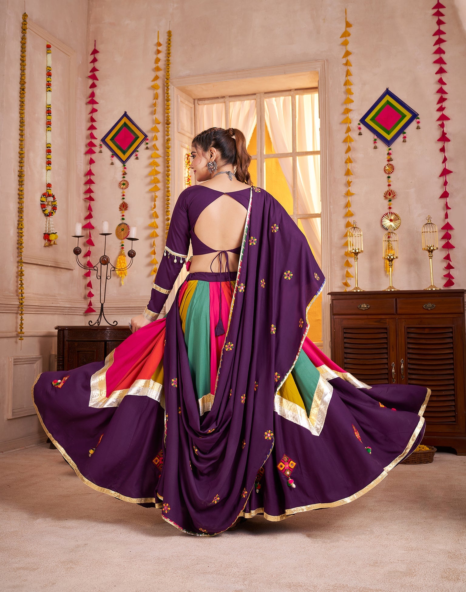 Viscose Cotton Navratri Readymade Lehenga Choli in Multi Color & Purple
