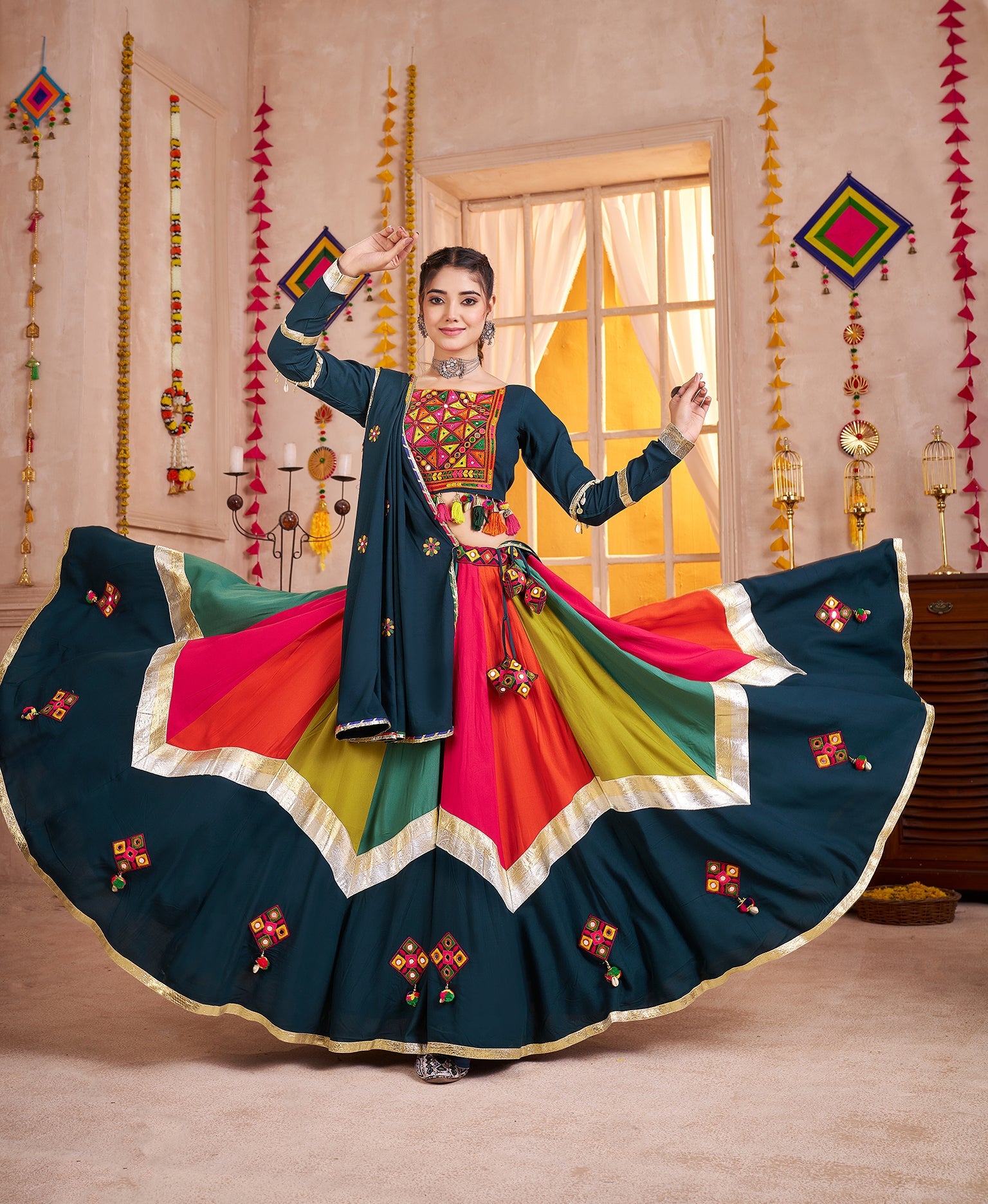 Viscose Cotton Navratri Readymade Lehenga Choli in Multi Color & Teal blue