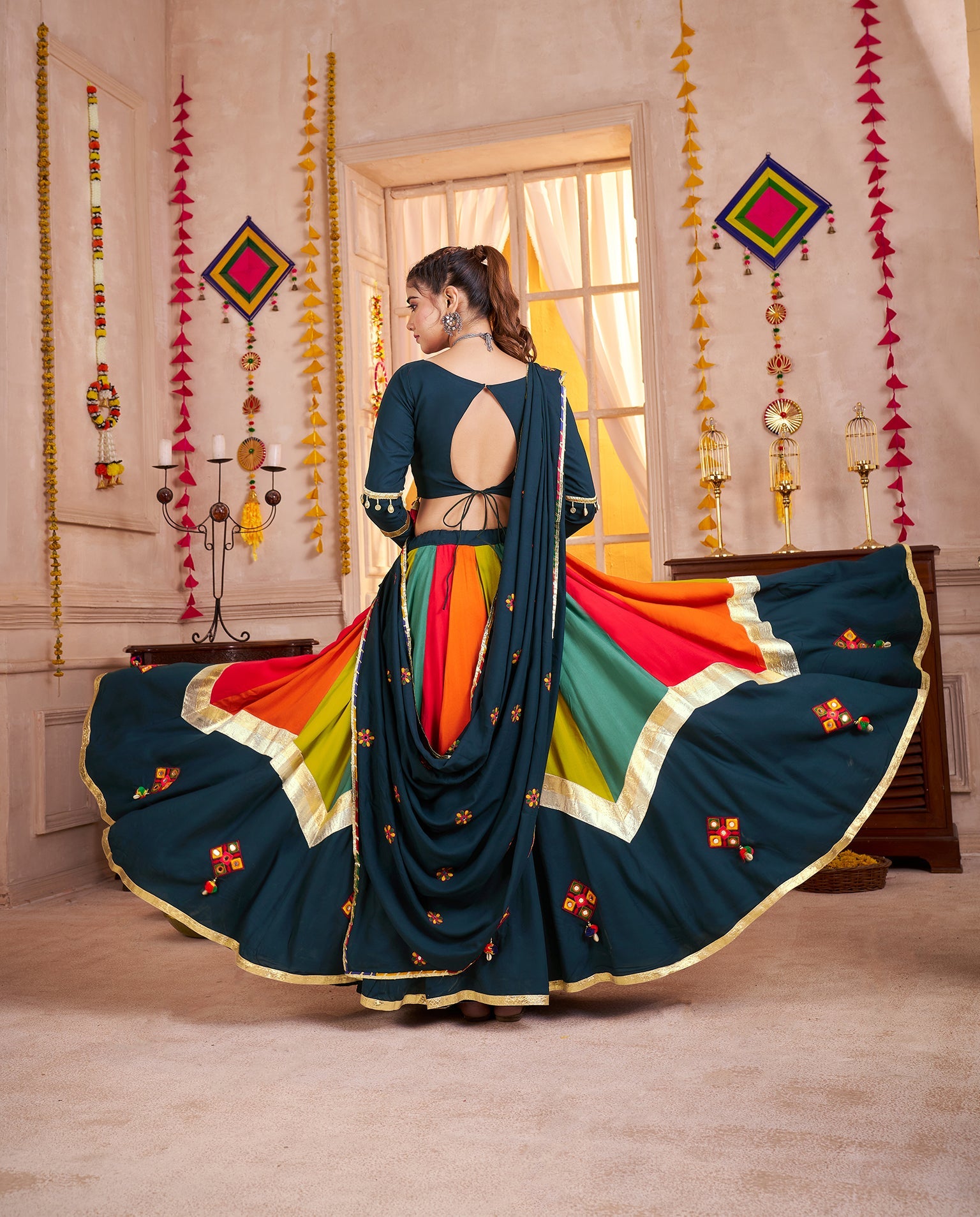 Viscose Cotton Navratri Readymade Lehenga Choli in Multi Color & Teal blue