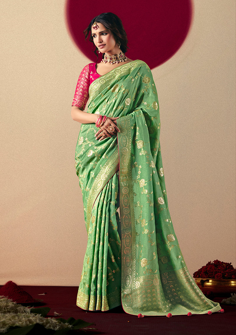 Viscose Silk Green Saree with Rich Zari Weaving & Designer Tassels
