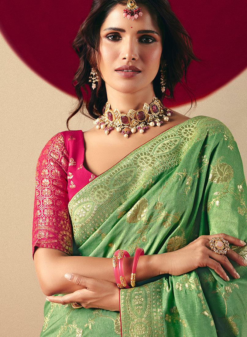 Viscose Silk Green Saree with Rich Zari Weaving & Designer Tassels