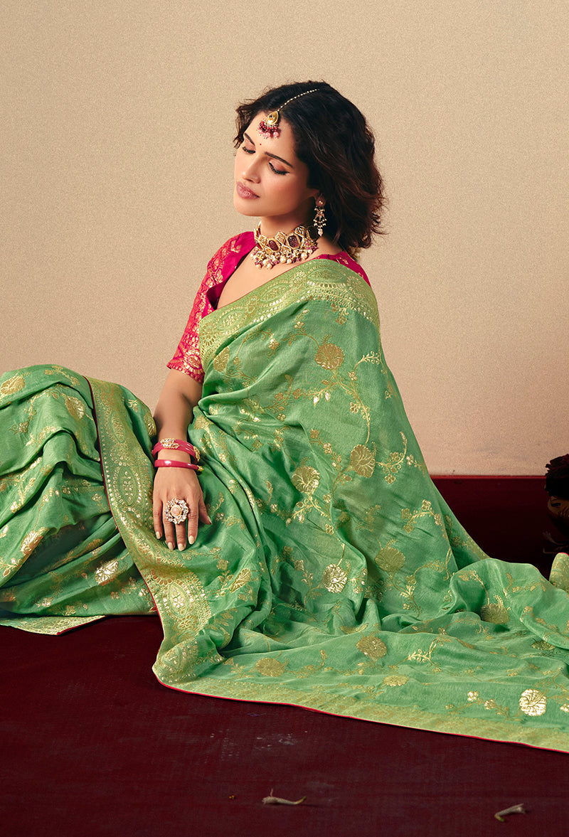Viscose Silk Green Saree with Rich Zari Weaving & Designer Tassels
