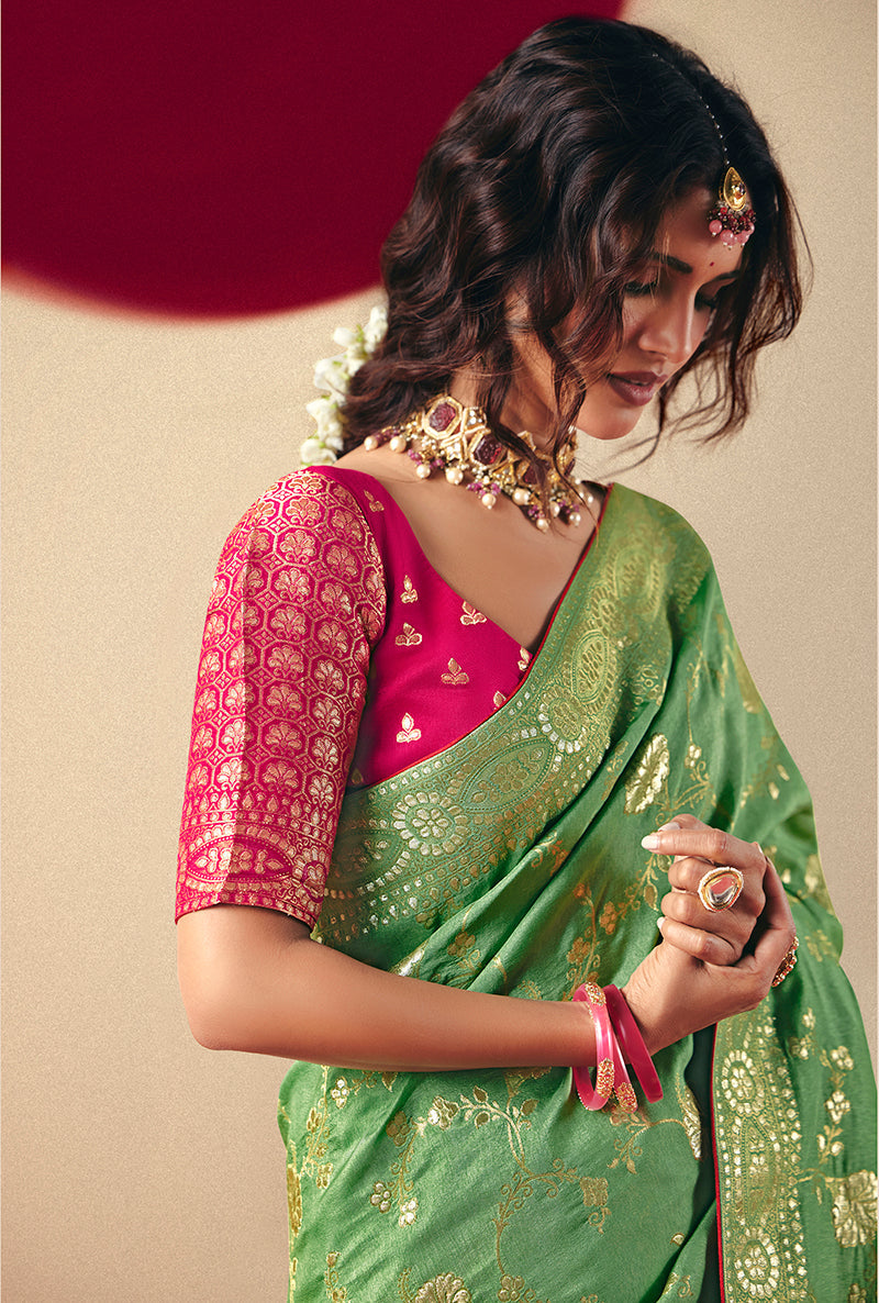 Viscose Silk Green Saree with Rich Zari Weaving & Designer Tassels
