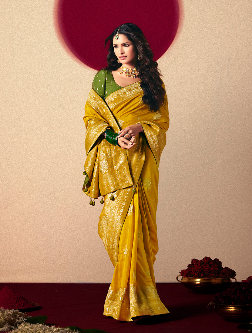 Viscose Silk Mustard Saree with Rich Zari Weaving & Designer Tassels