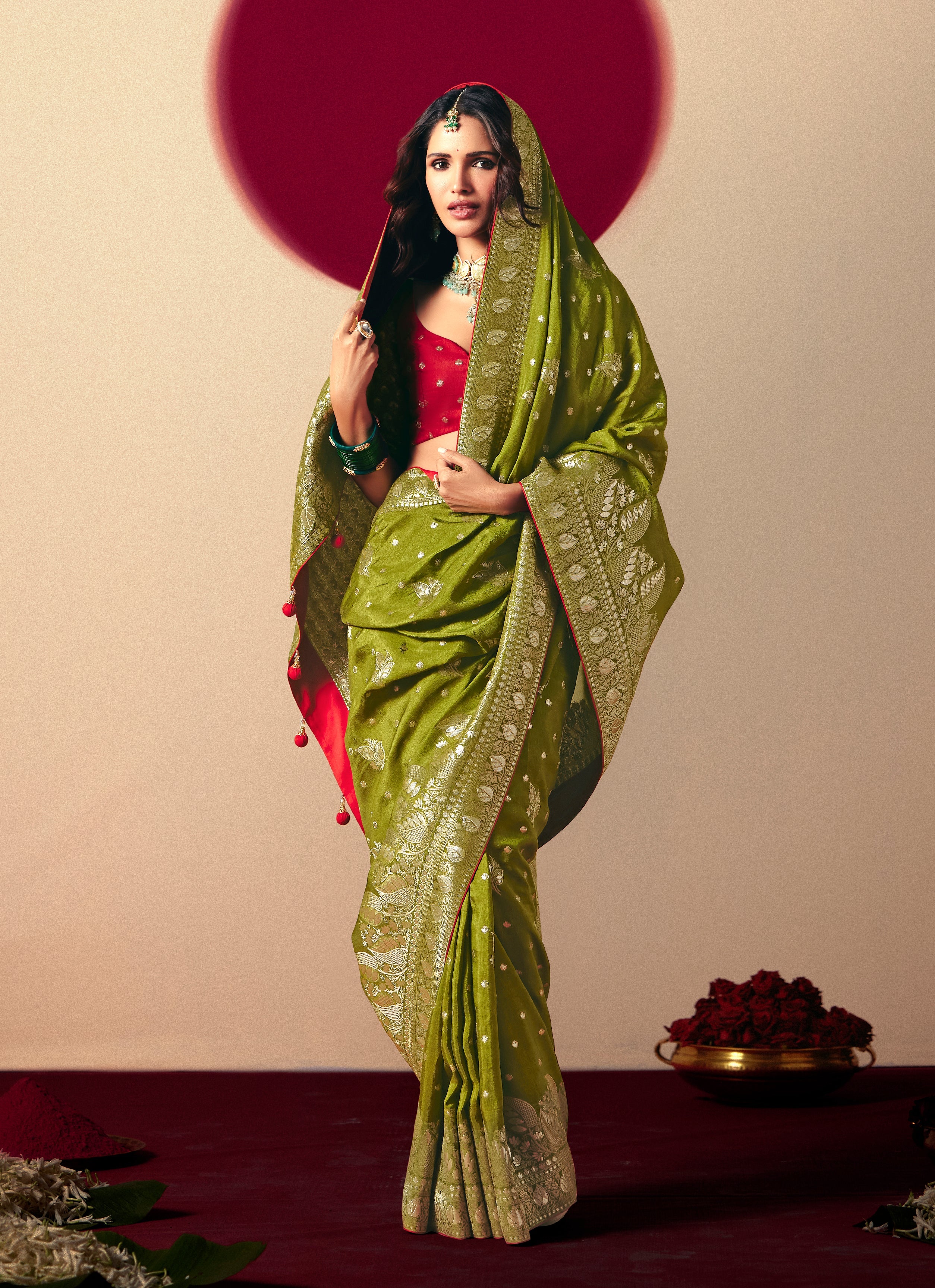 Viscose Silk Olive Green Saree with Rich Zari Weaving & Designer Tassels