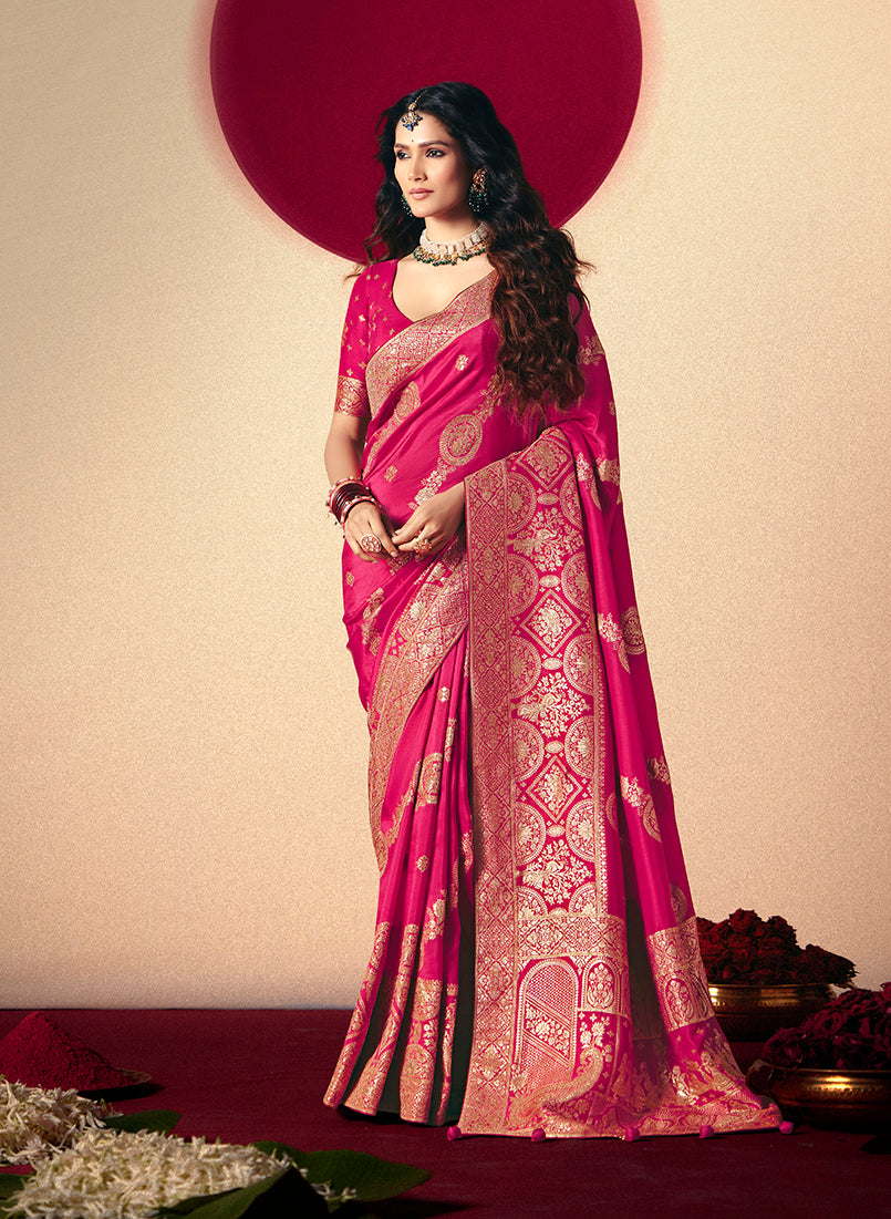 Viscose Silk Rani Pink Saree with Rich Zari Weaving & Designer Tassels