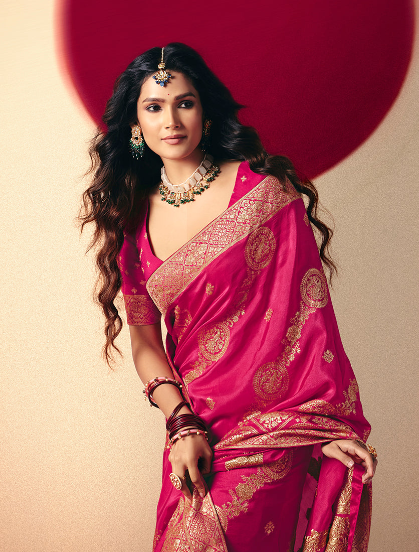 Viscose Silk Rani Pink Saree with Rich Zari Weaving & Designer Tassels