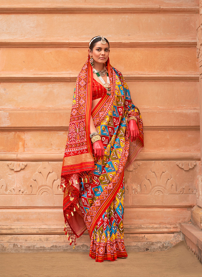 Multi Colour And Red Silk Patola Print Saree