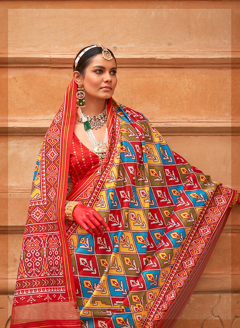 Multi Colour And Red Silk Patola Print Saree