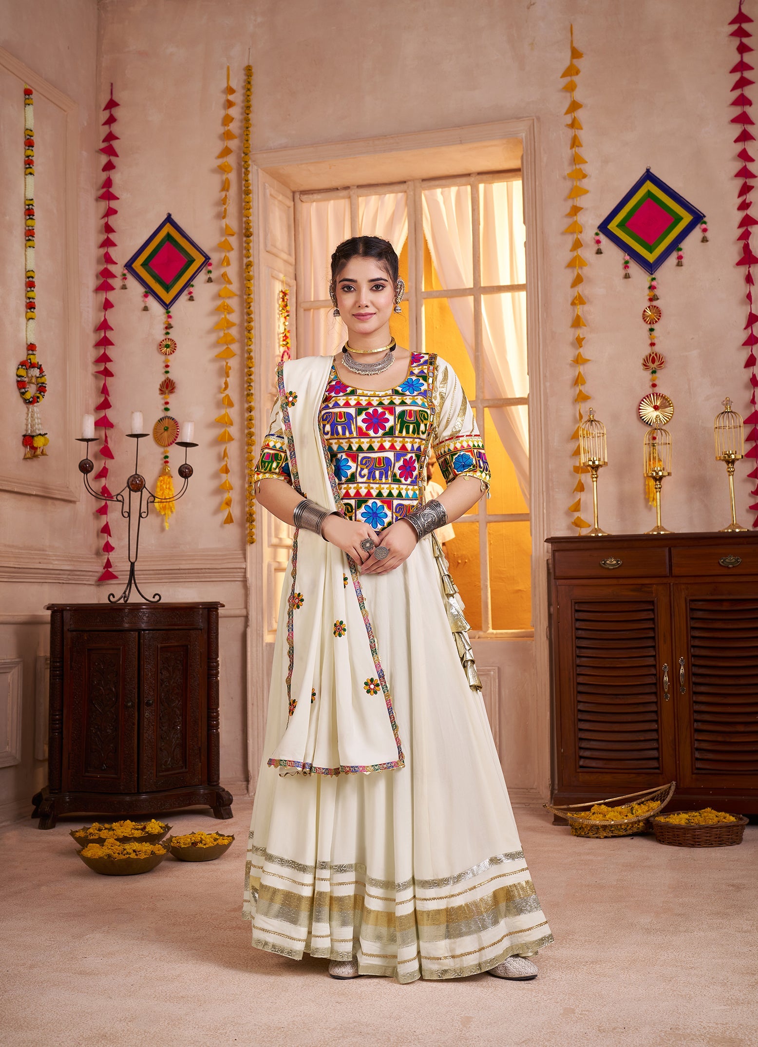 White Colour Viscose Cotton Kutchi patch work Readymade Lehenga Choli