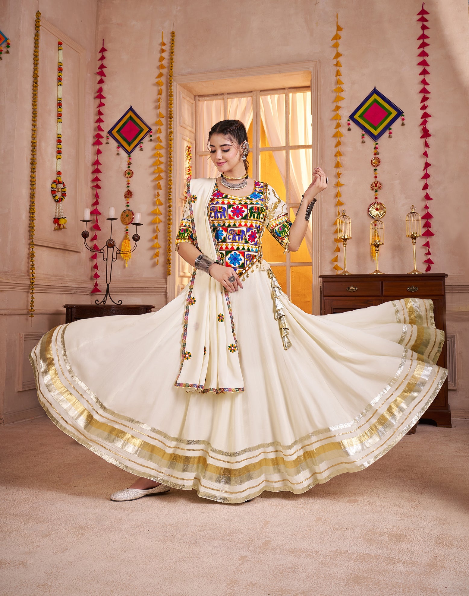 White Colour Viscose Cotton Kutchi patch work Readymade Lehenga Choli