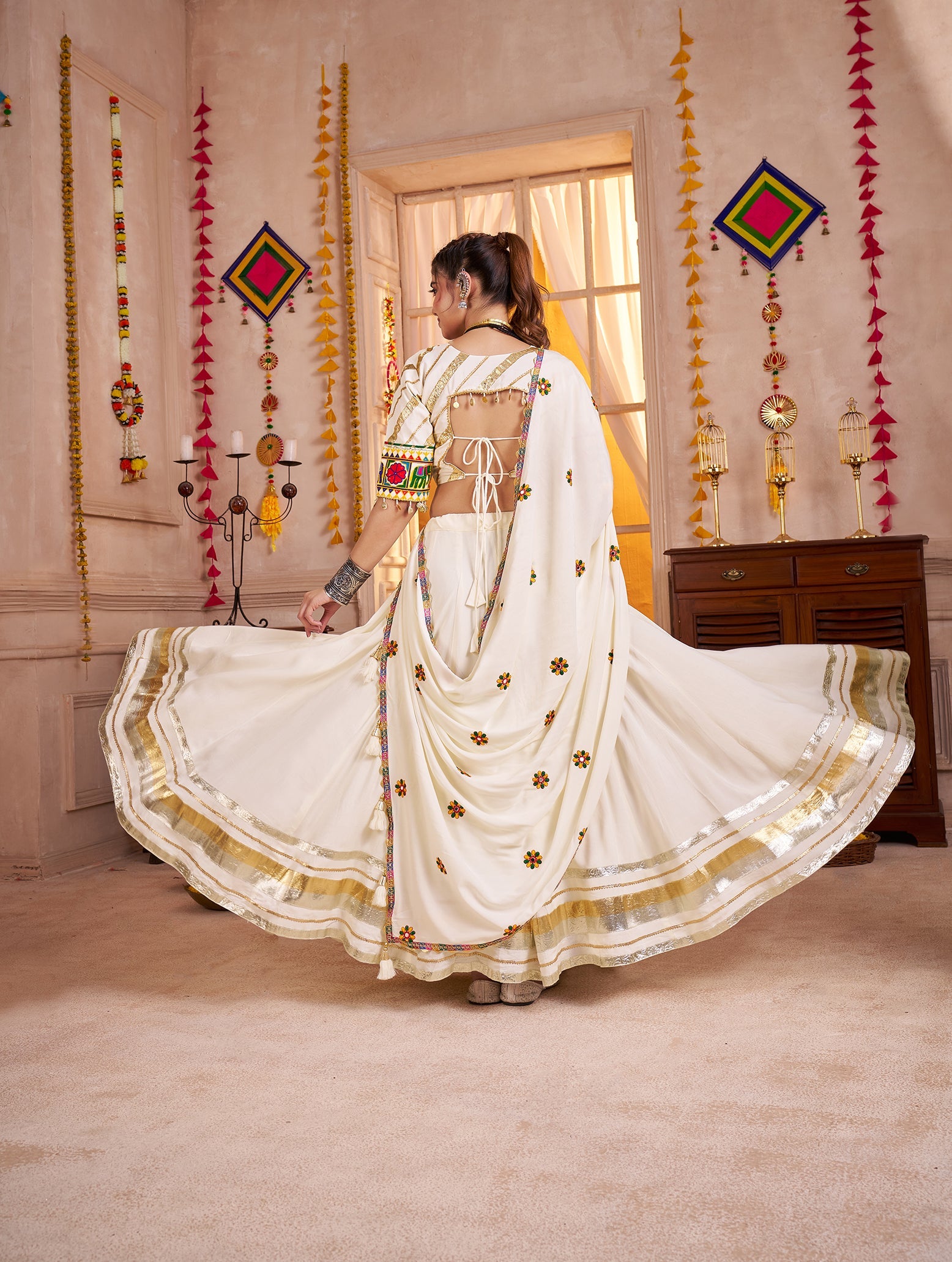 White Colour Viscose Cotton Kutchi patch work Readymade Lehenga Choli