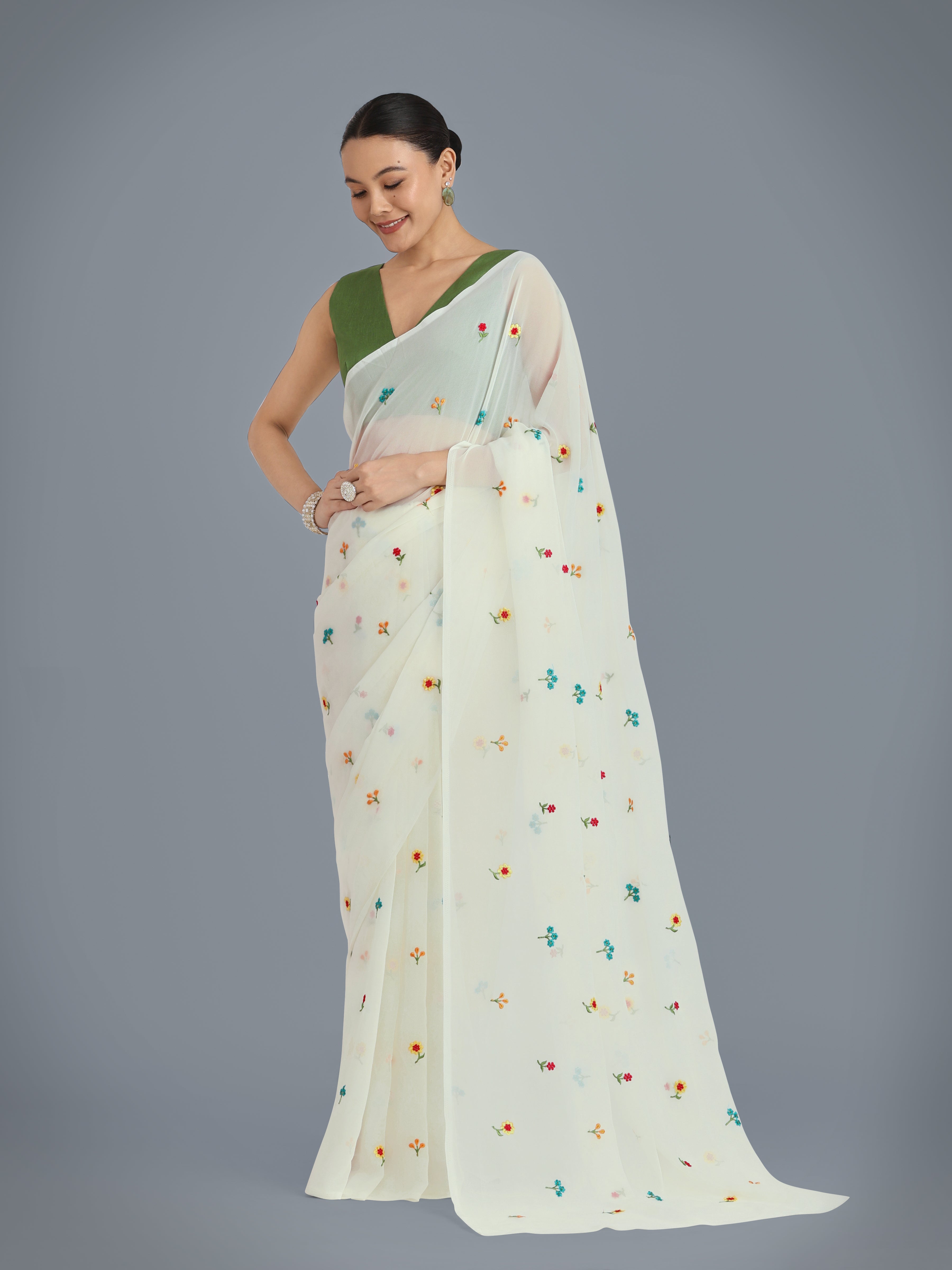White Georgette Embroidered Work Causal Saree